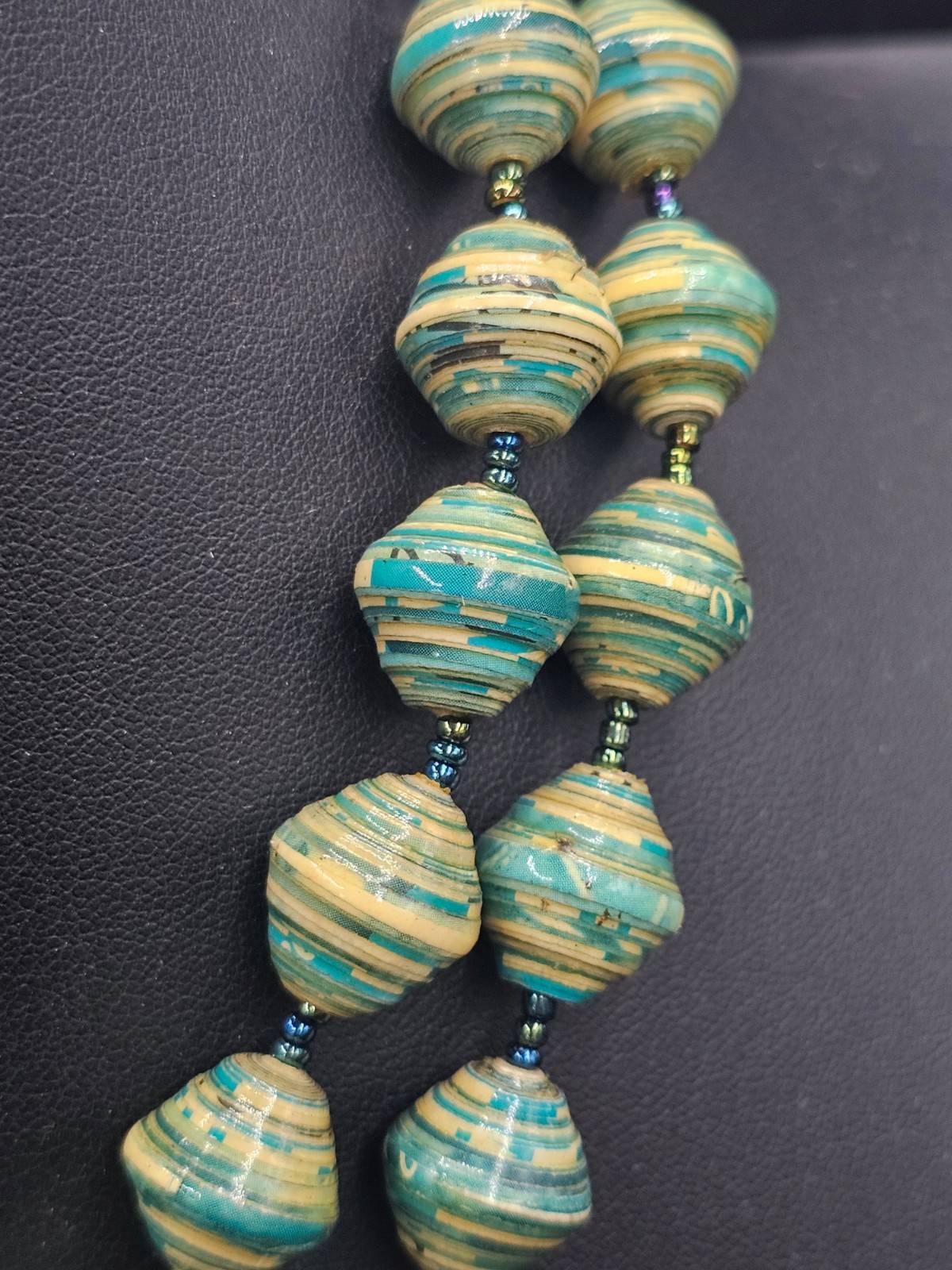 Handmade Recycled Paper Bead Strand Necklace Teal Tan Artisan Boho