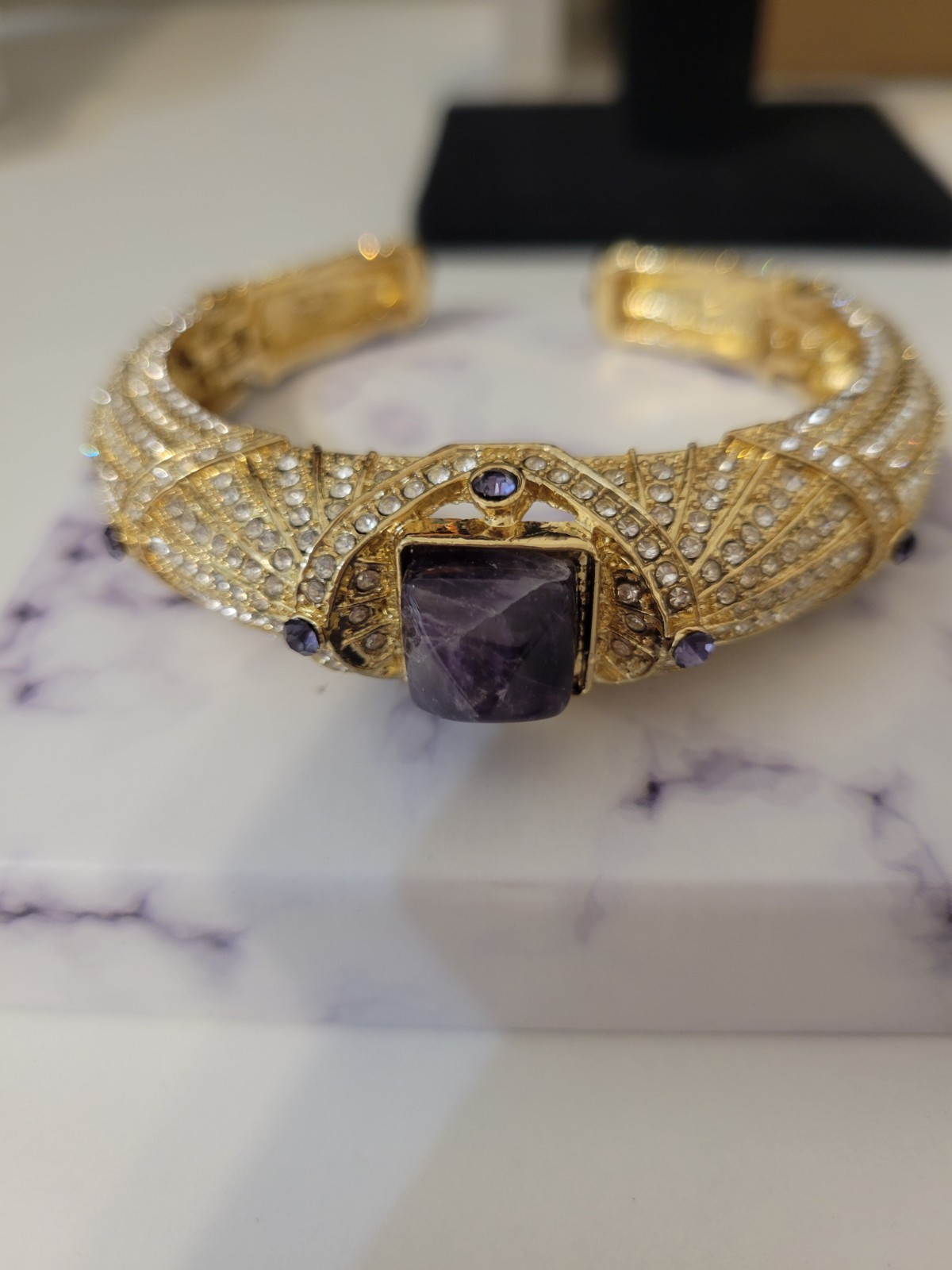 Vintage 14K Yellow Gold Plated Lab Created Amethyst Women’s Bangle Bracelet