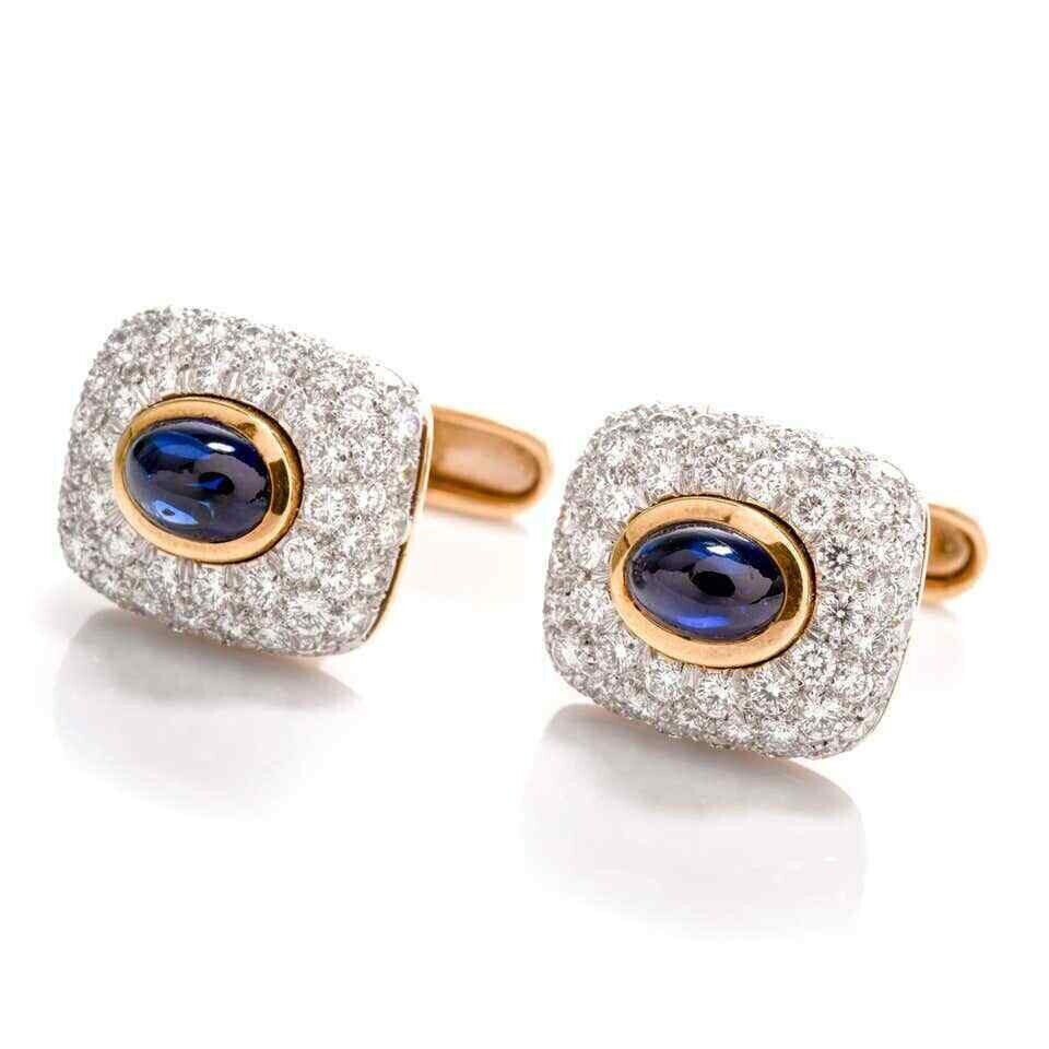 2.50CT Oval cut sapphire & round cz Bezel set yellow rhodium 925 Silver Cufflink