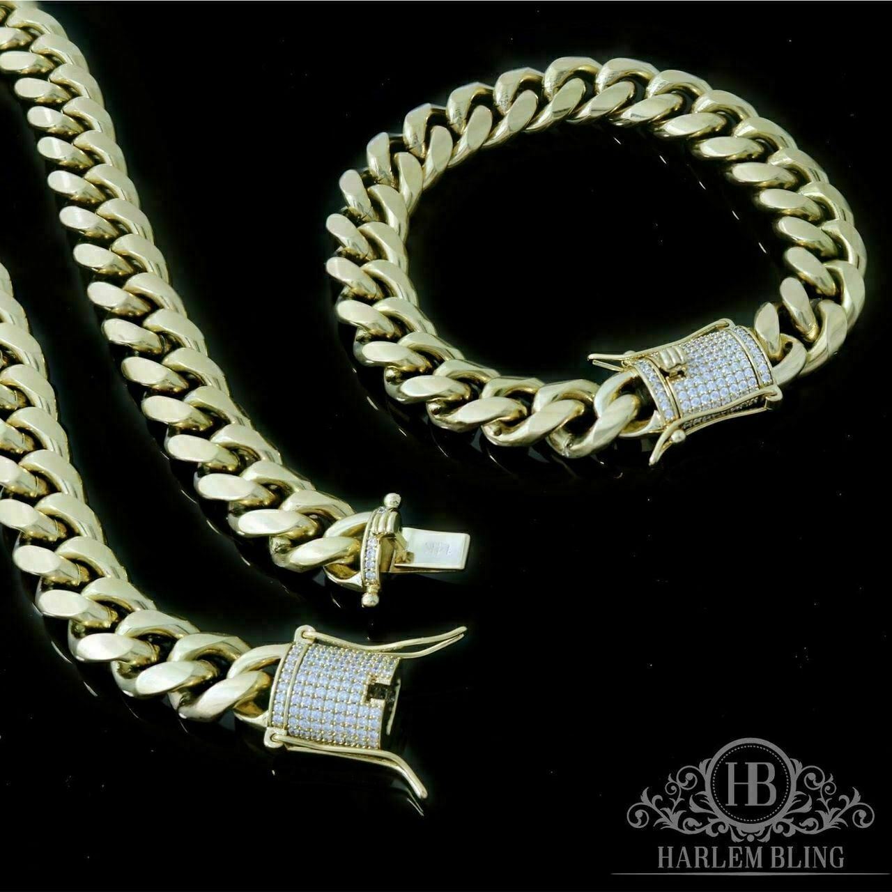 Pulsera y Cadena Cubana De Acero Inoxidable En Oro 14K – 12mm Broche De Diamante