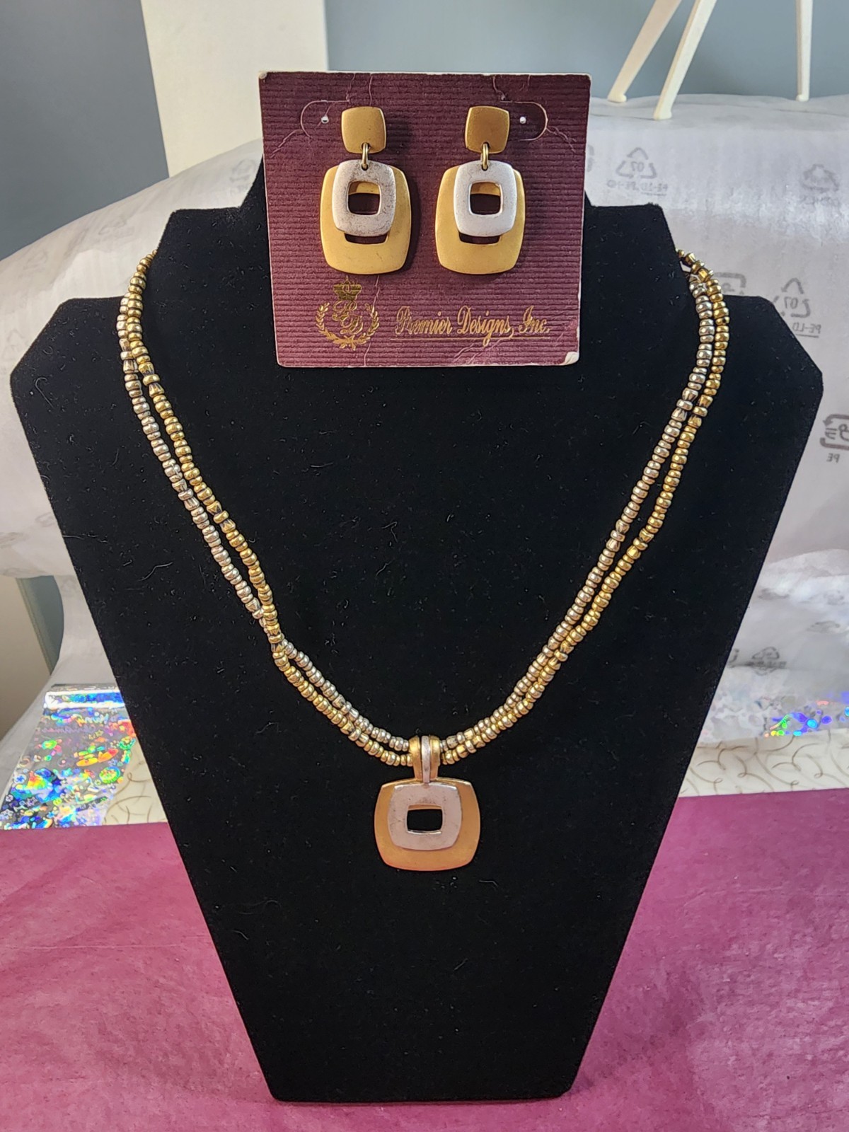 Premier Designs Geometric Silver Tone Gold Tone “Pacific” Necklace & Earring Set