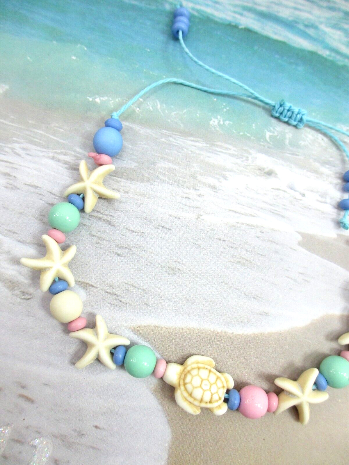 Beach Charm Anklet Turtle Ankle Bracelet Starfish Beaded Blue Raffia Adjustable