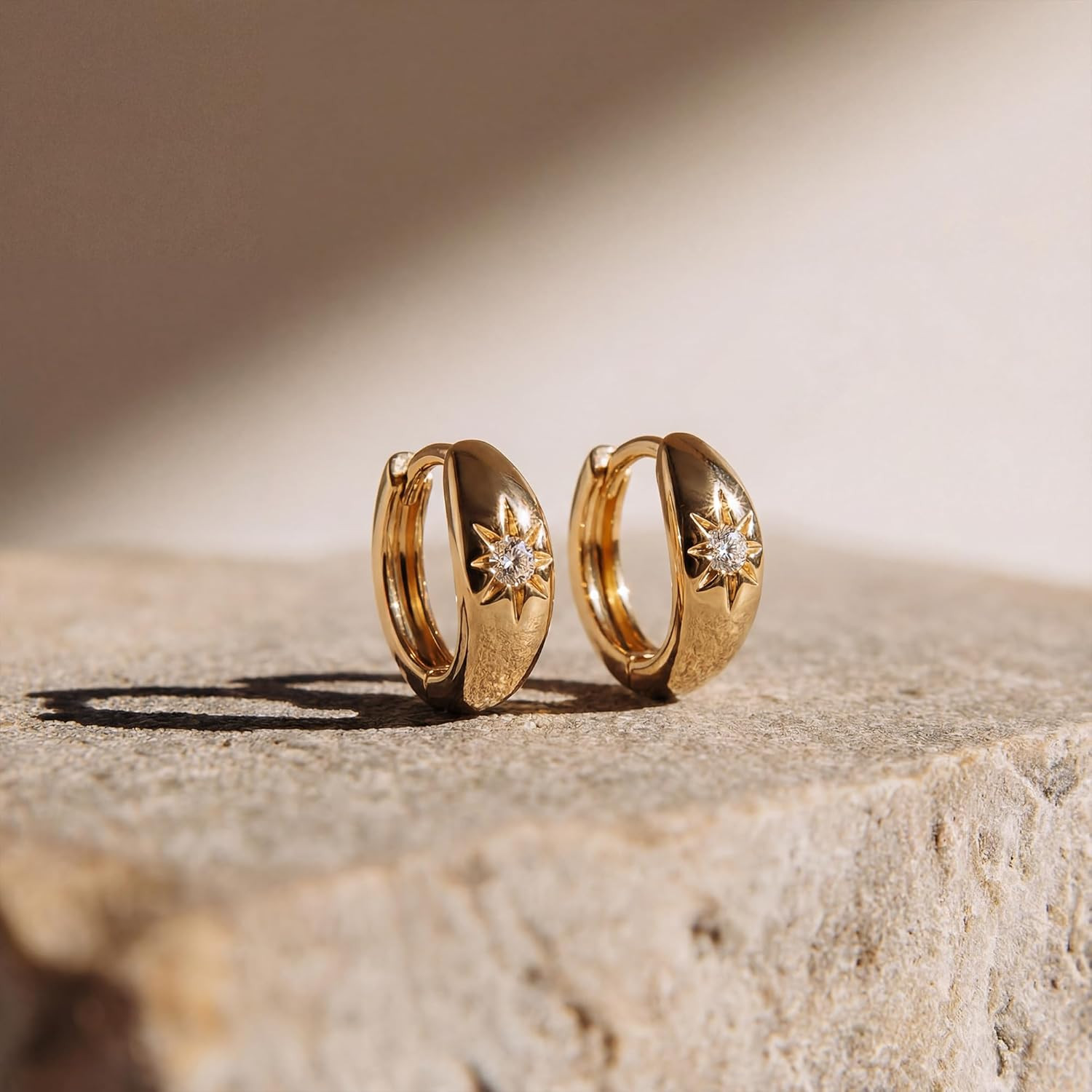 Chunky Huggie Hoop Earrings for Women Starburst Beaded Styles | 18K Gold Plated
