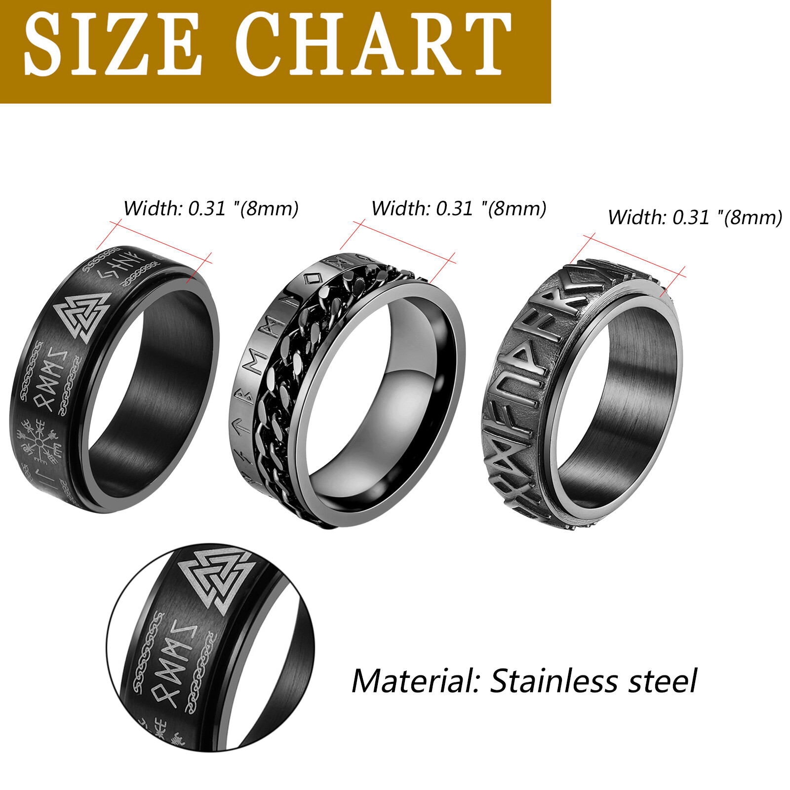 3pcs Men’s Nordic Rune Anti-Anxiety Spinner Ring Band Size 6-12 Viking Jewelry