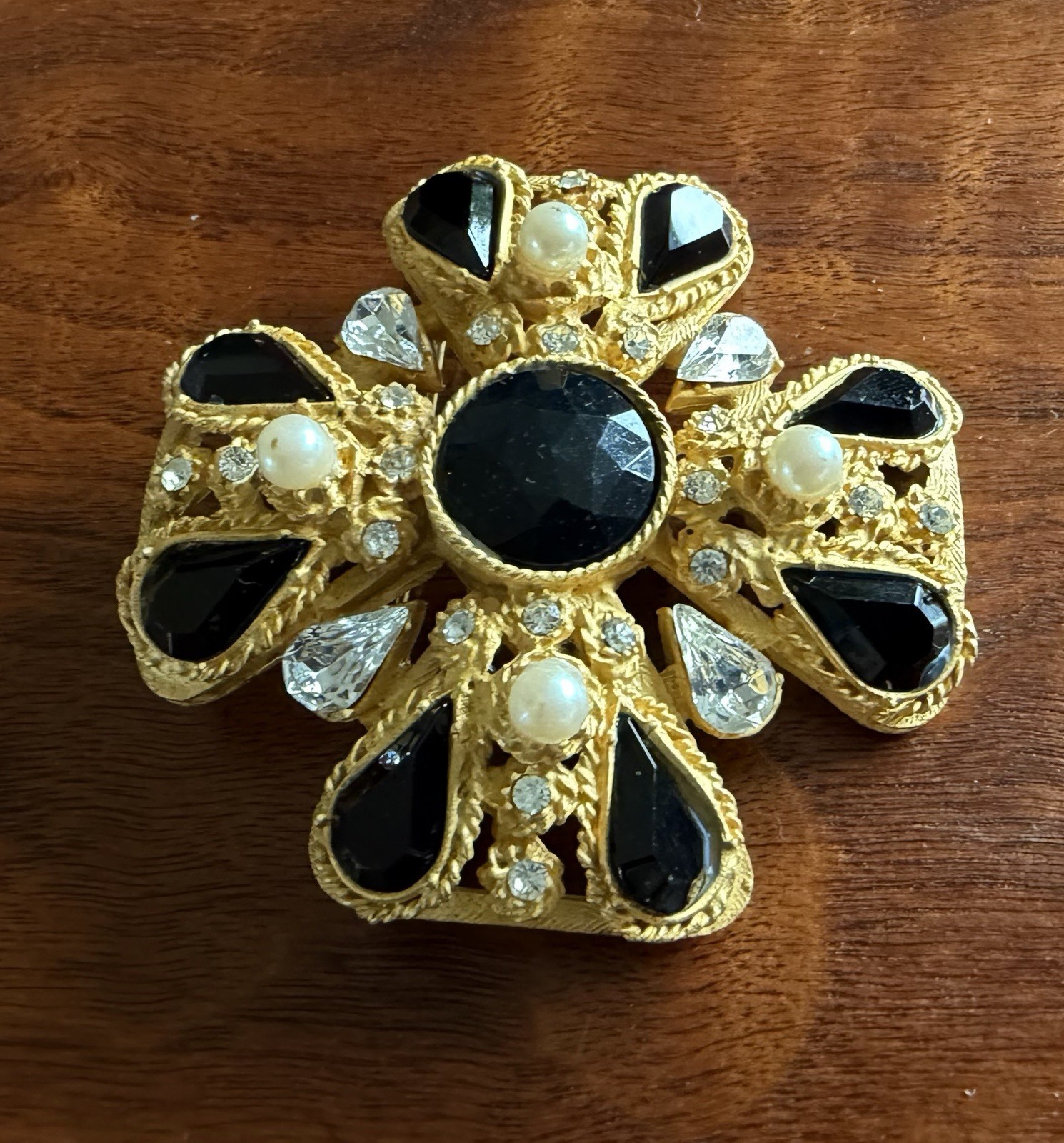 Vintage Ann Taylor Maltese Cross Rhinestone Pearl Brooch Pin Matte Gold Tone