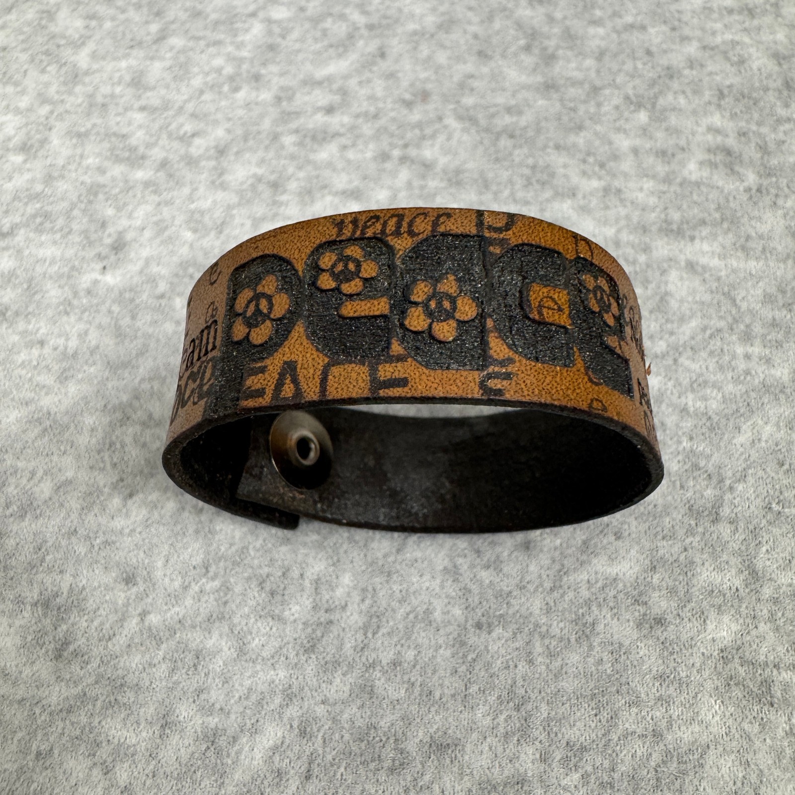 Tooled Leather PEACE Bracelet Sz 7.5 ” with Floral Designs Snap Closure