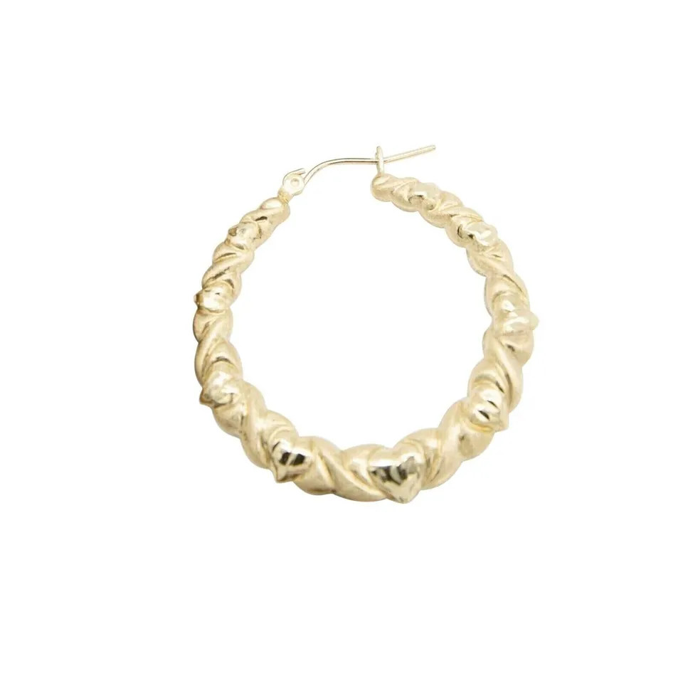 Plain Polished Twisted & Hearts 30mm Hoop Earrings in 14K Yellow Gold Plated