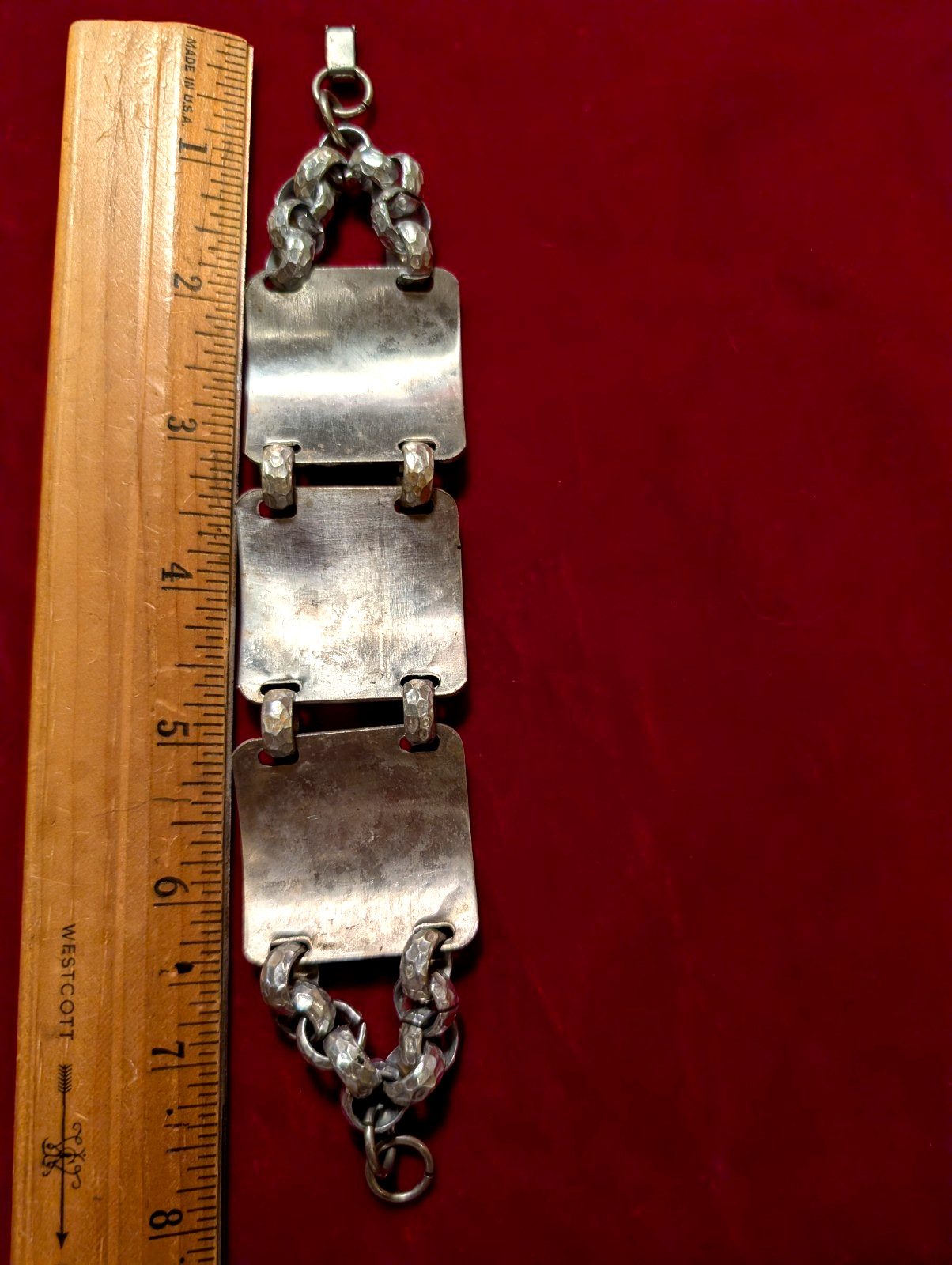 Vintage Aluminum Mid Century Aztec Stamped Panel Bracelet Hammered Rolo Links