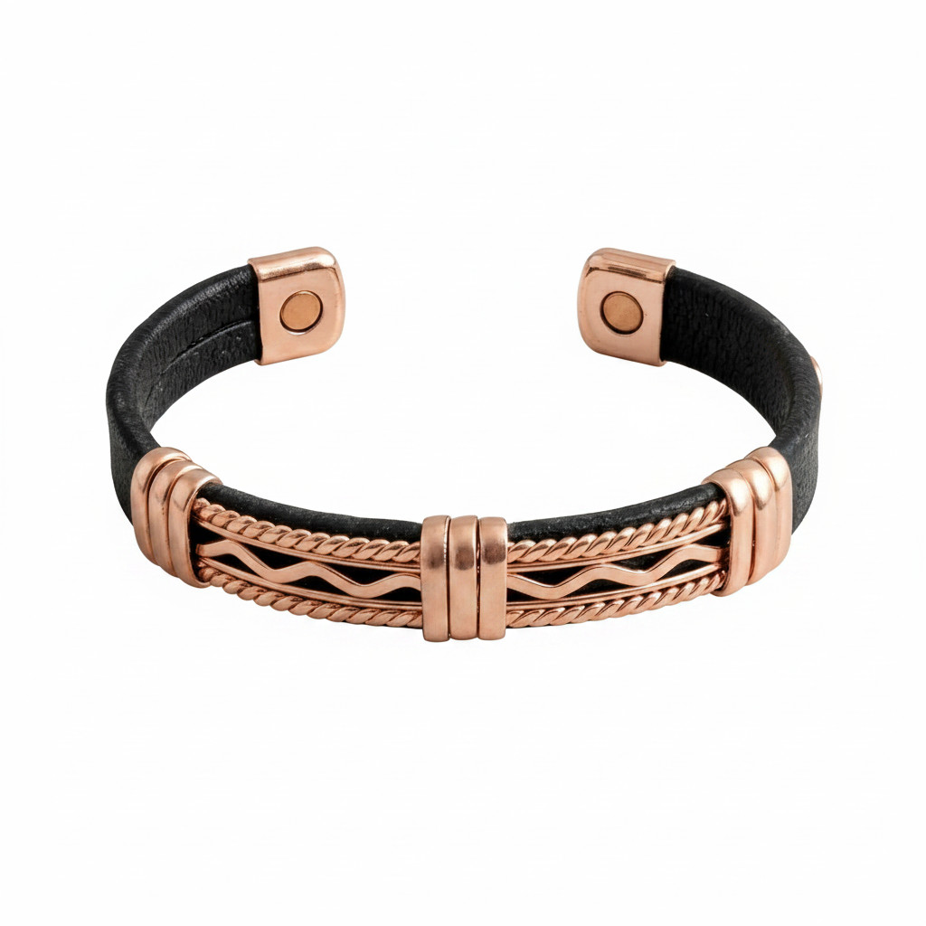 Solid Copper Leather Wrapped Magnetic Bracelet Arthritis Pain Therapy Cuff V
