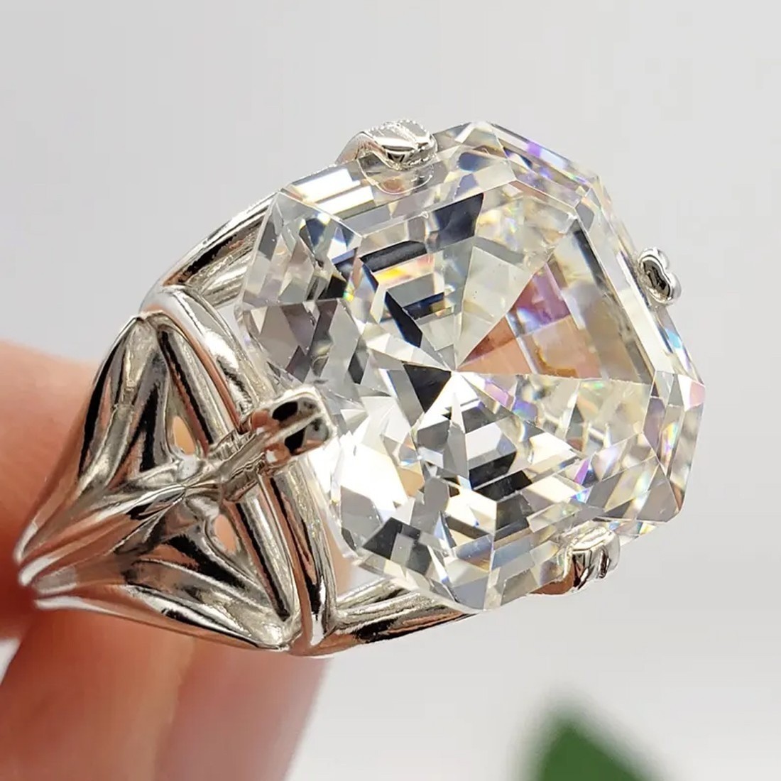 Rare 12.20 Ct Certified Asscher White Treated Diamond Solitaire Ring 925 Silver