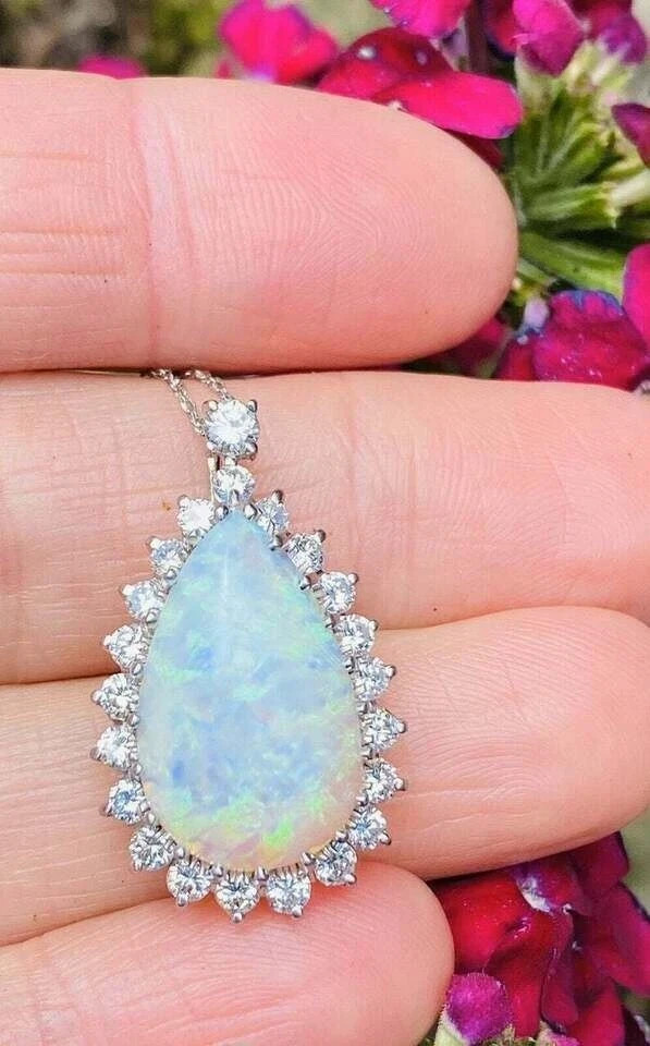 4Ct Pear Cut Fire Opal Diamond Halo Women Pendent 14K White Gold Over