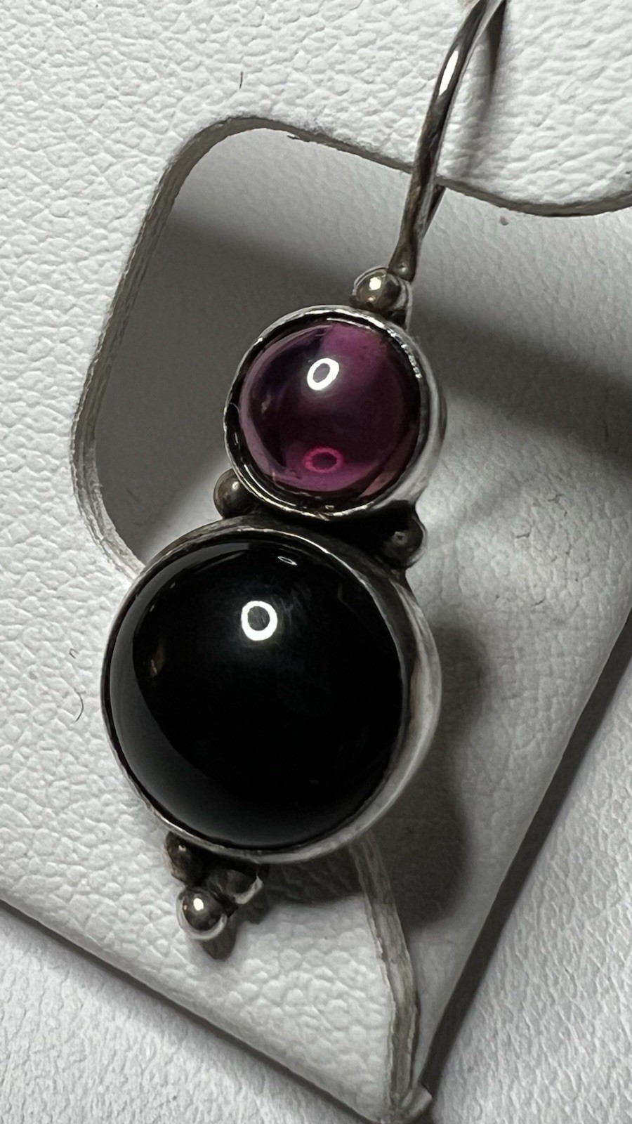 Signed JGD 925 Sterling Pink Tourmaline and Black Onyx Drop Hook Earrings Bezel