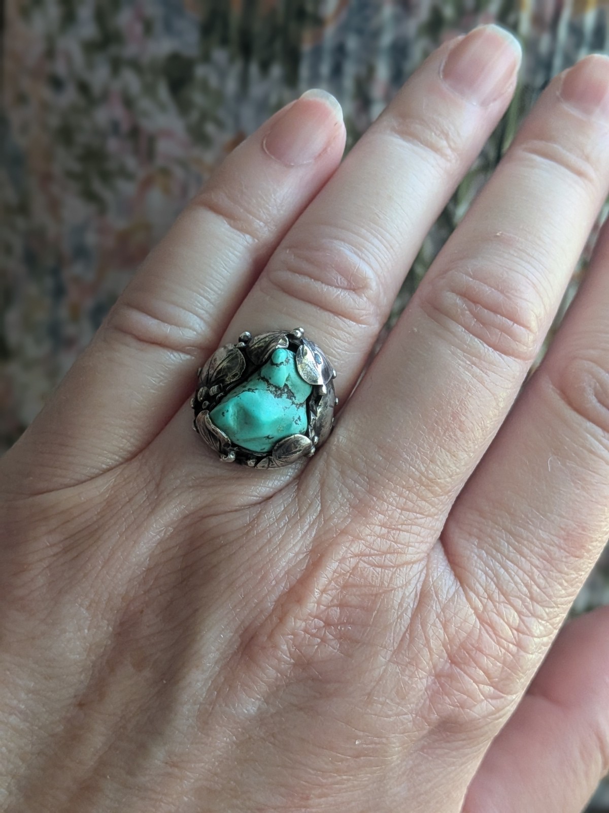 Vintage Mary Gage Turquoise & Sterling Ring- Lily Pad Motif
