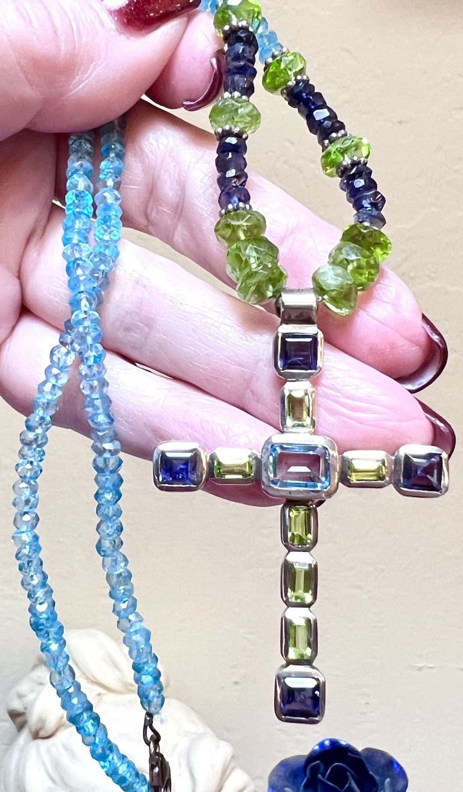 LOVELY Designer Sterling Silver, Blue Topaz, Iolite & Peridot Cross Necklace