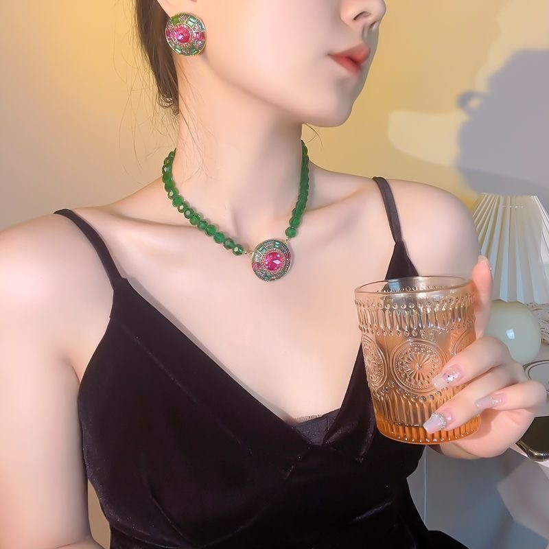 Vintage Multicolor Rhinestone Jewelry Set Green Crystal Beaded Necklace forwoman