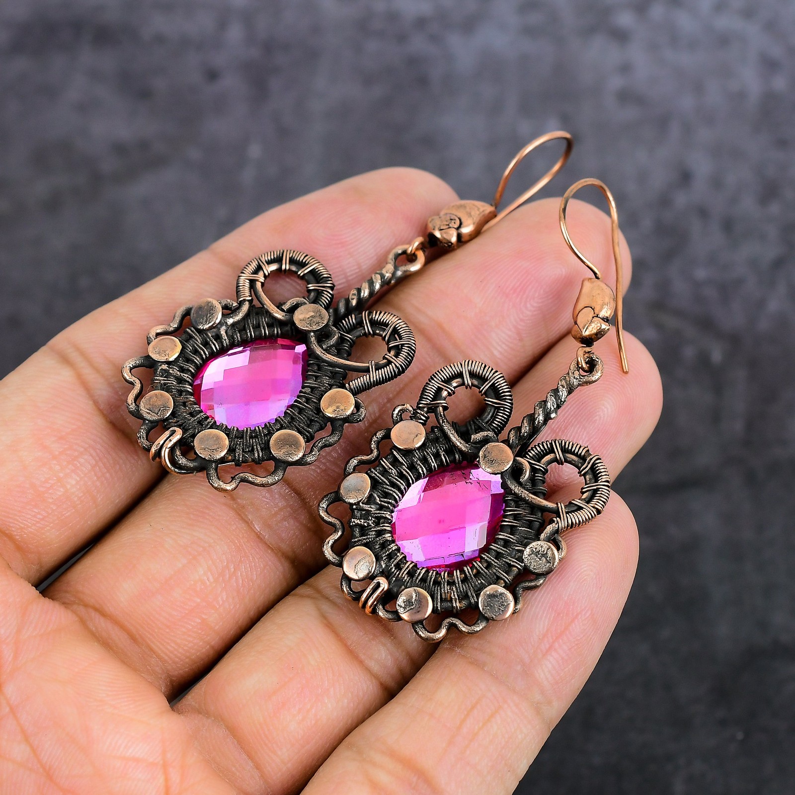 Pink Rubillite Gemstone Copper Wire Wrap Jewelry Earring 2.56″ Gift for Her V194