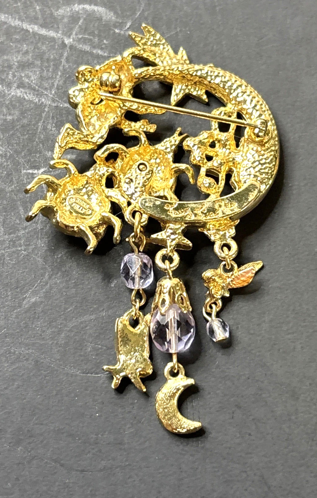 Signed Kirks Folly Fairy Fireflies Brooch Pin Dangle Stars Moon Flowers flies