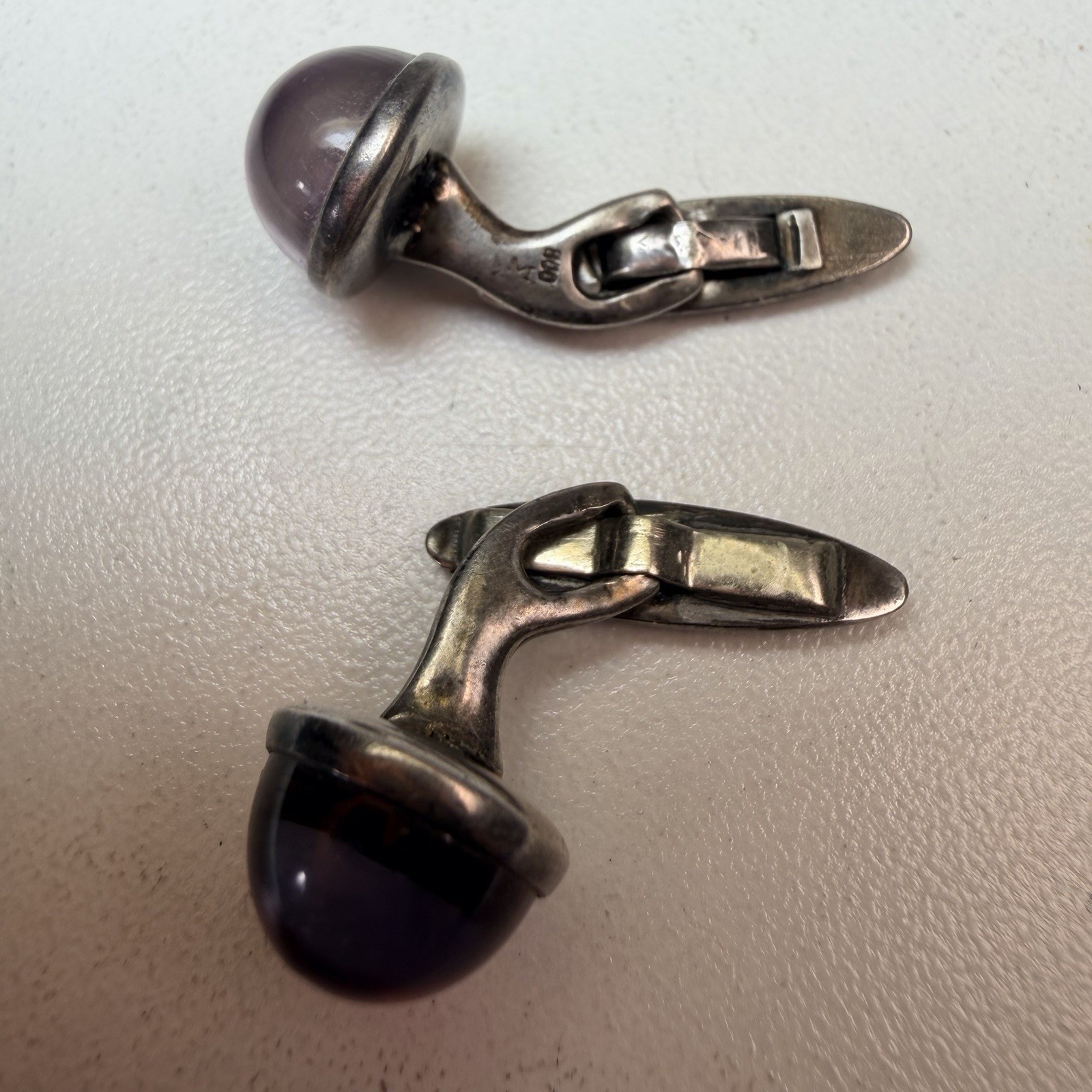 Vintage European 800 Silver Purple Amethyst Domed Glass Cufflinks signed M & P ?