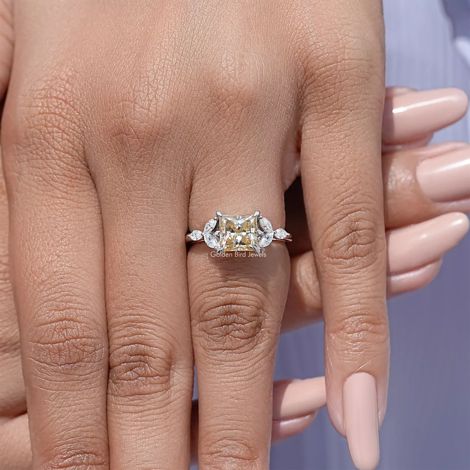 Yellow Princess Lab Diamond Leaf Accent Ring