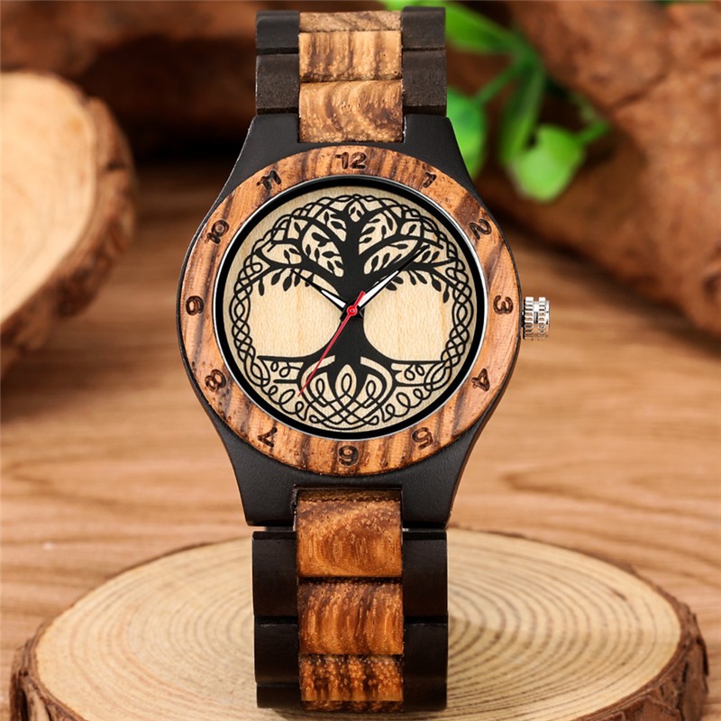 Two-Tone Brown Wooden Watch Men Women Full Wood Tree of Life Arabic Numeral Case