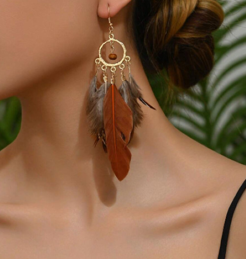 Long Feather Earrings Handmade Custom Mixed Natural Brown BOHO Inspired