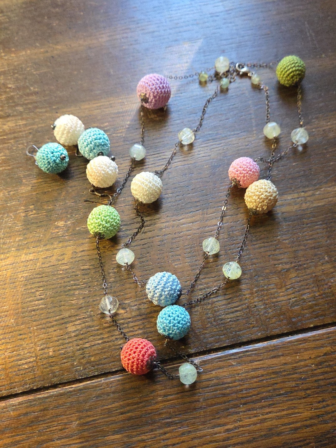 Vintage Sterling Silver Hand Crochet Multicolor Balls Necklace With Earrings
