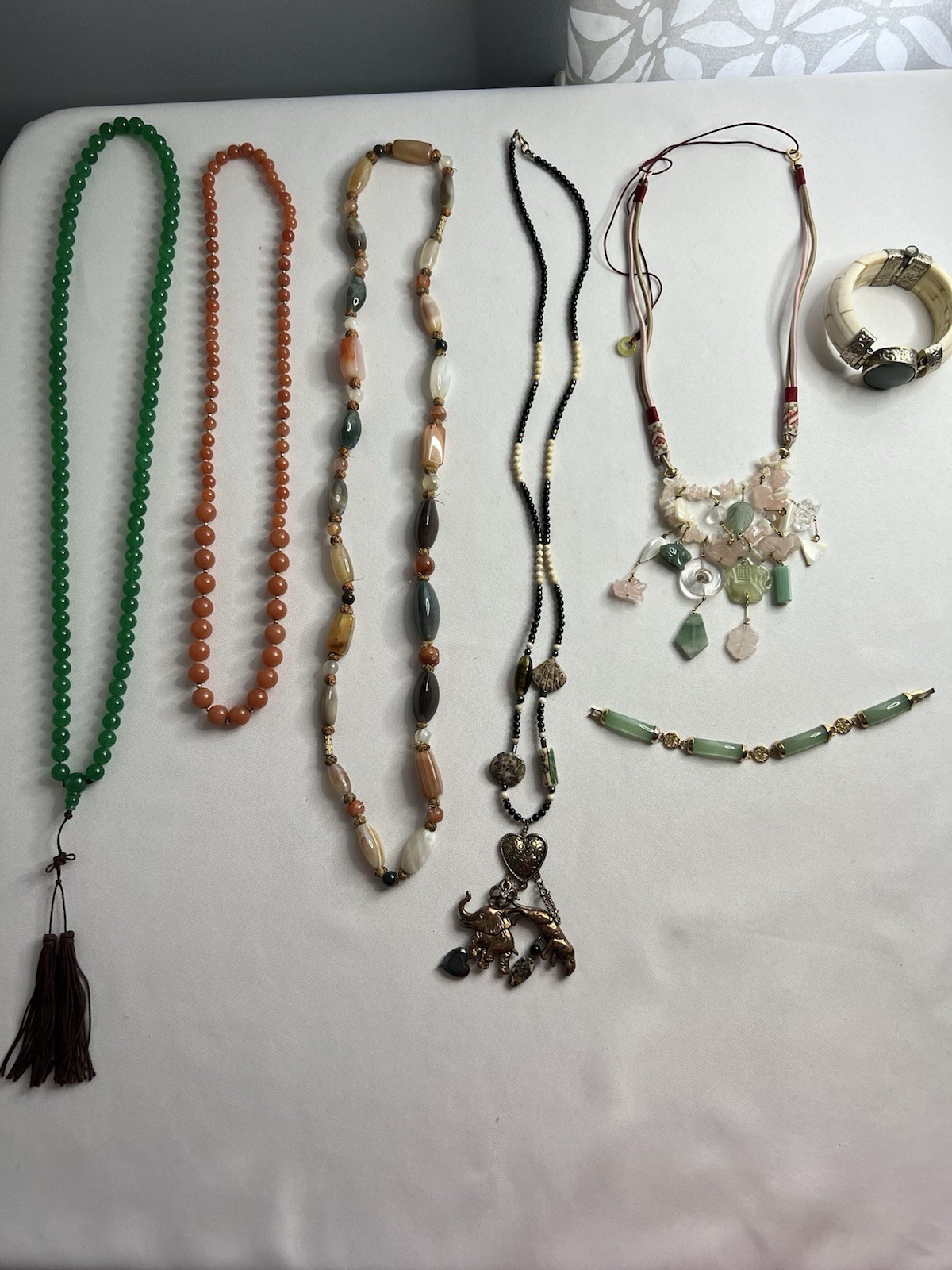 Vintage Asian Jade Rose Quartz Carved Beaded Necklaces Bracelet Jewelry Lot 7pcs