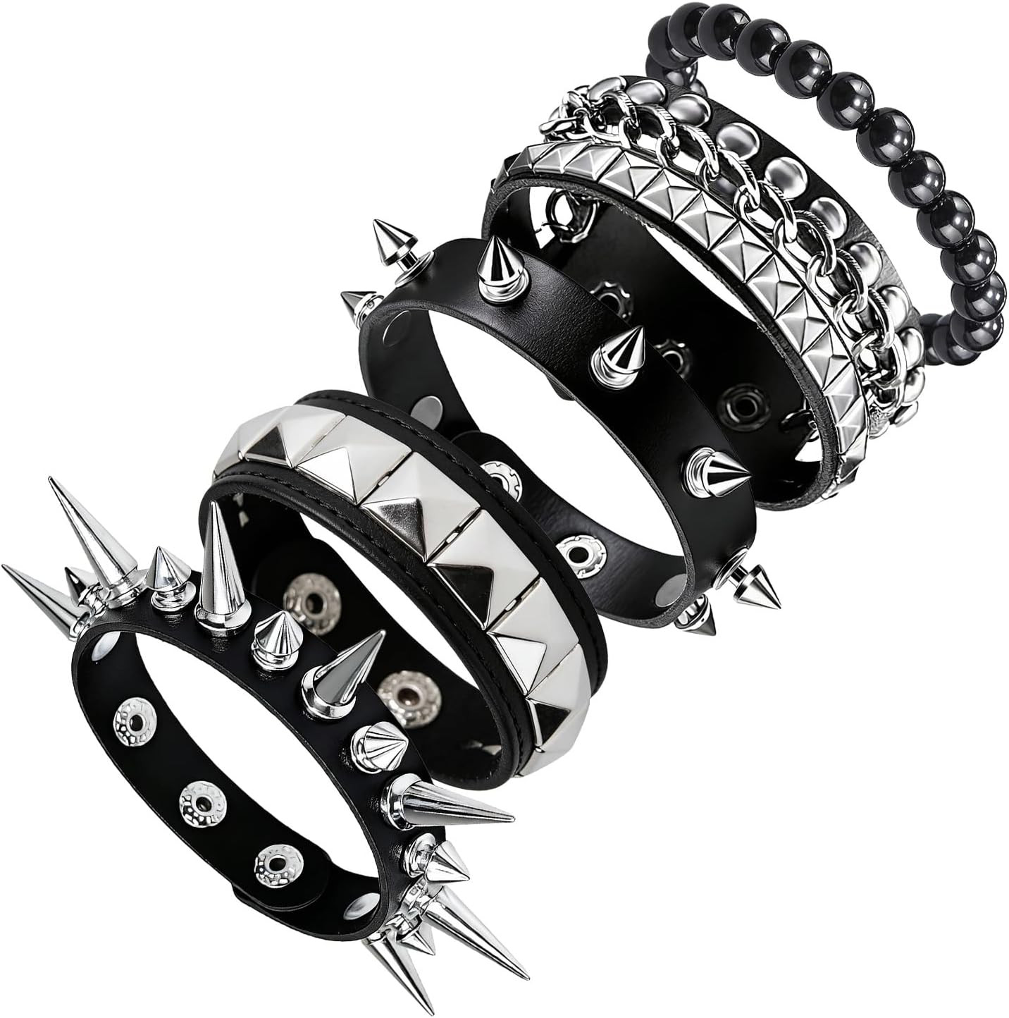 5 Pcs Spiked Bracelets Black Studded Cuff Punk Jewelry, Adjustable Gothic Emo Al