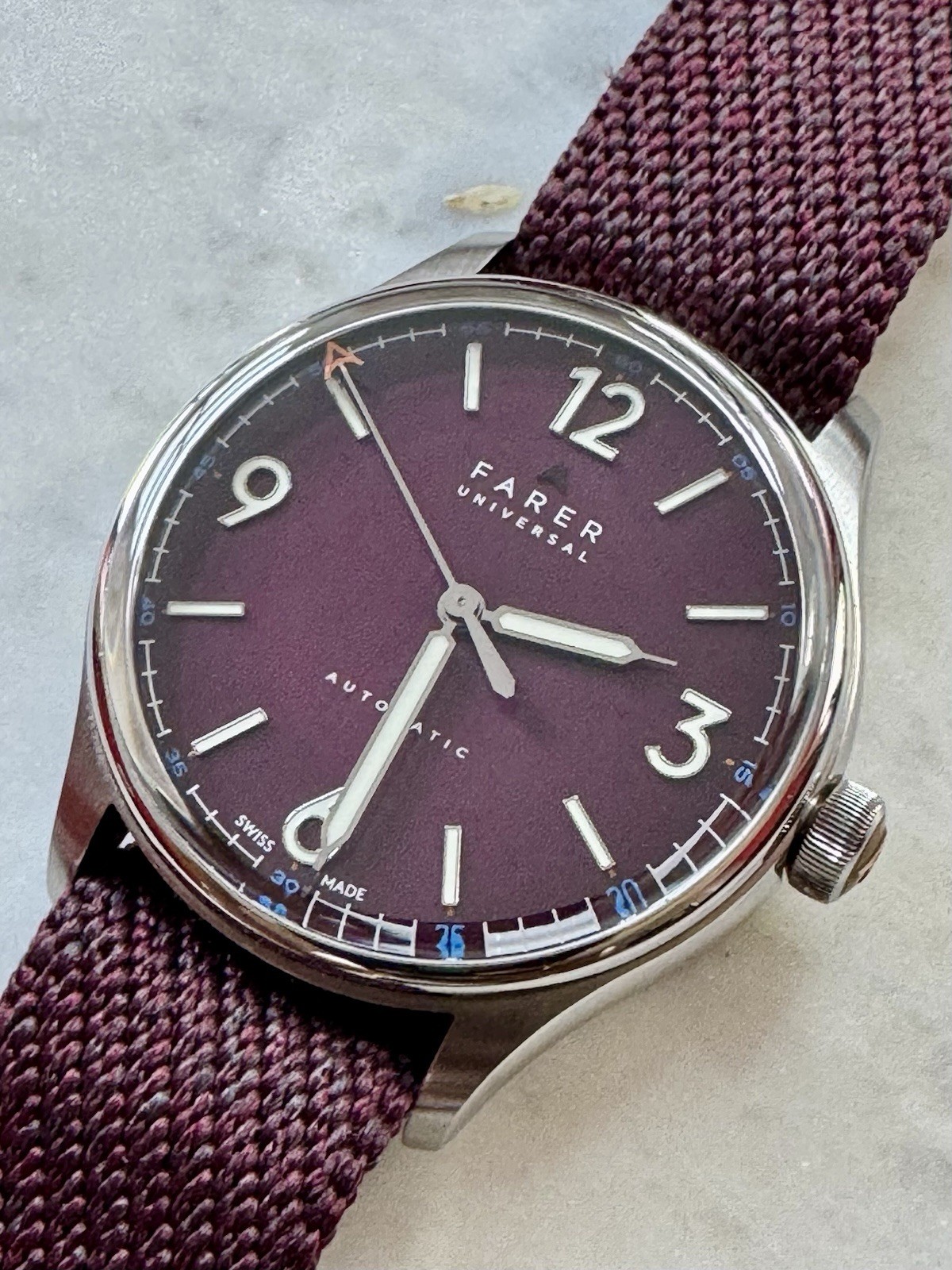 Farer Discovery – Plum Dial, Full Kit, Unworn Bracelet, Warranty
