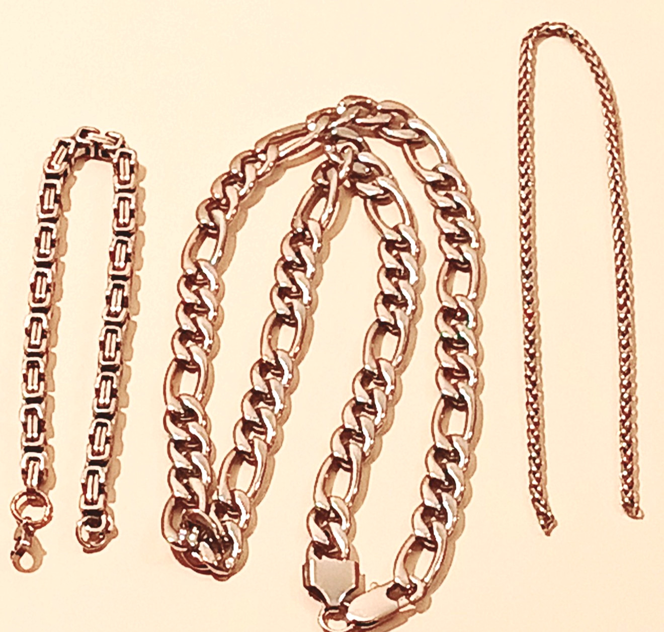 Stainless Steel Jewelry Set Lot: Byzantine Anklet 9″ Figaro Necklace 21″ Curb An