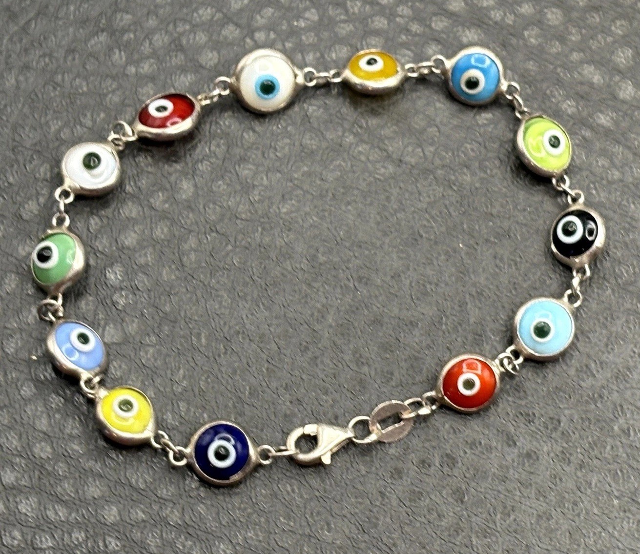 Vintage Sterling Silver 925 Multicolor Glass Evil Eye Link Bracelet 7.5″