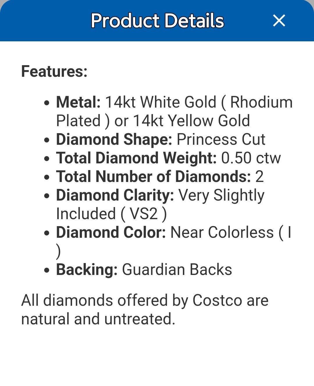 COSTCO (single) Princess Cut 0.25cw Diamond White Gold Stud Earring REPLACEMENT