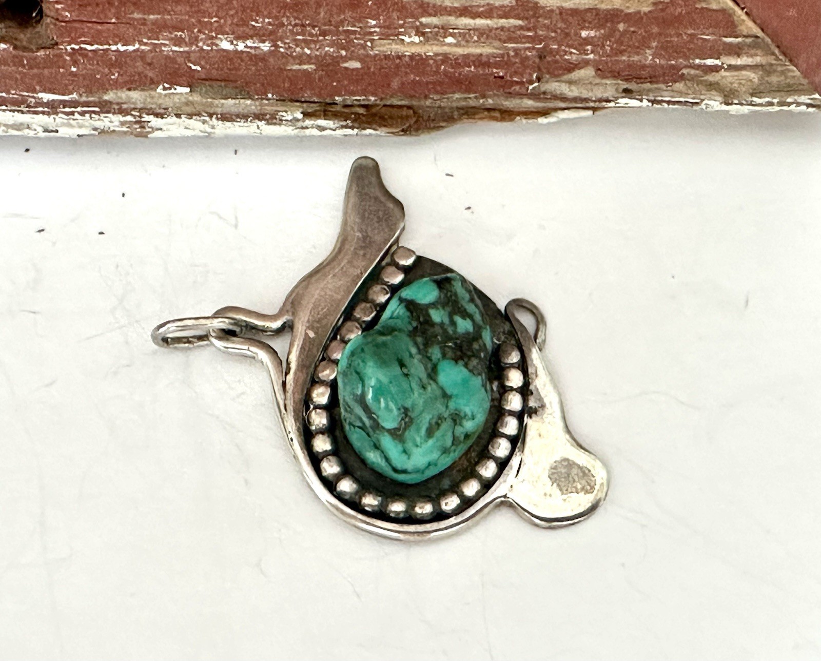 Sterling Silver 925 Abstract Turquoise Vintage Modernist Retro Pendant Handmade