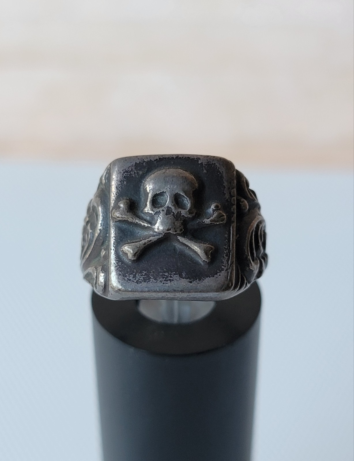 Antique Rare Memento Mori Silver Ring Skull & Bones