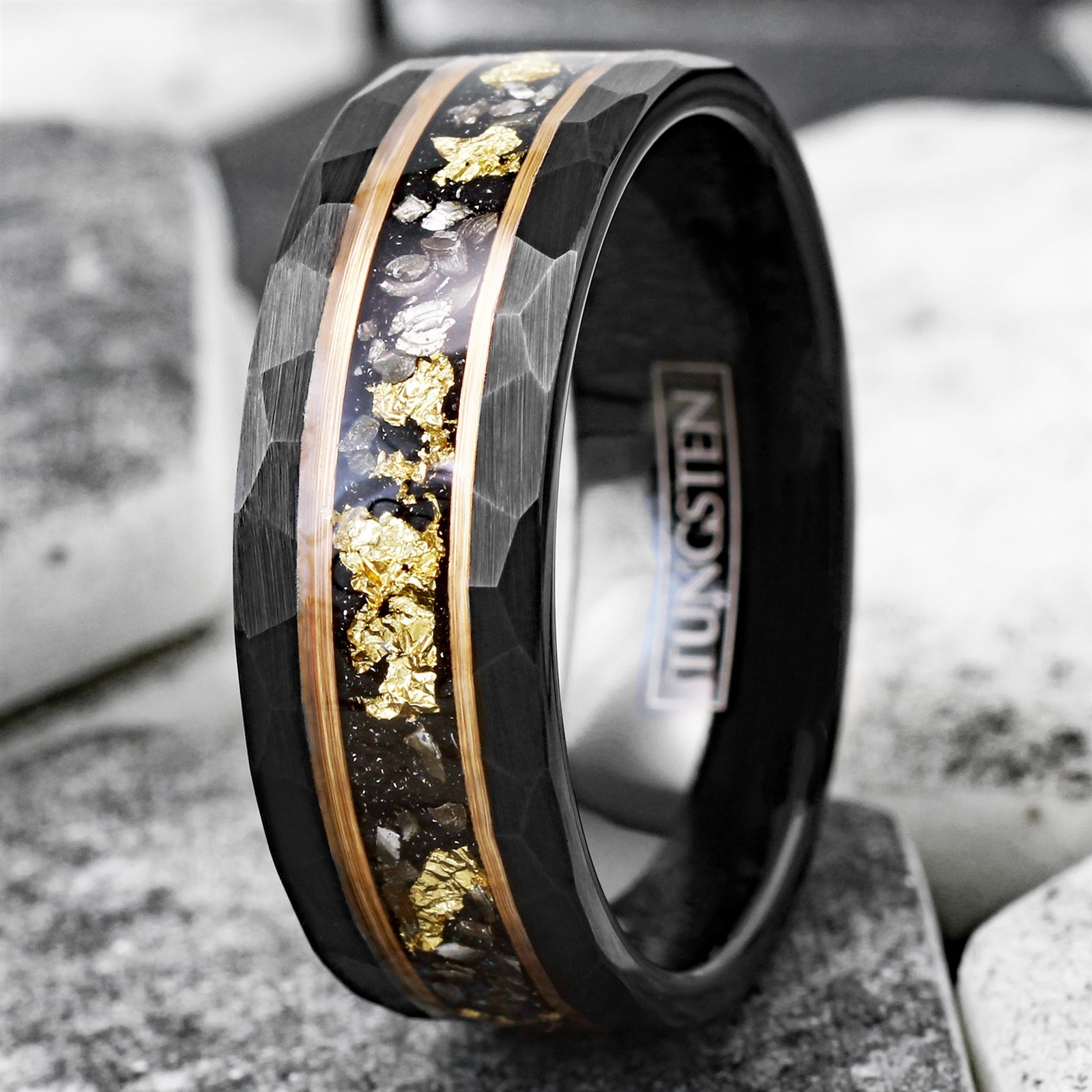 Tungsten Carbide Black Rose Gold Plated Stripe 24K Gold Foil & Meteorite Ring