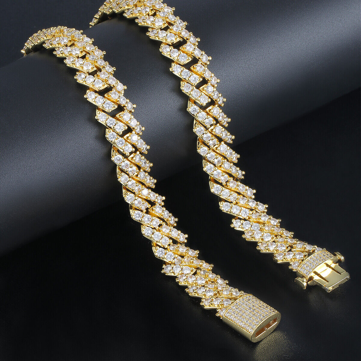 18K Gold Plated Full Iced CZ Out Stainless Steel Miami Cuban Link Bracelet Chain