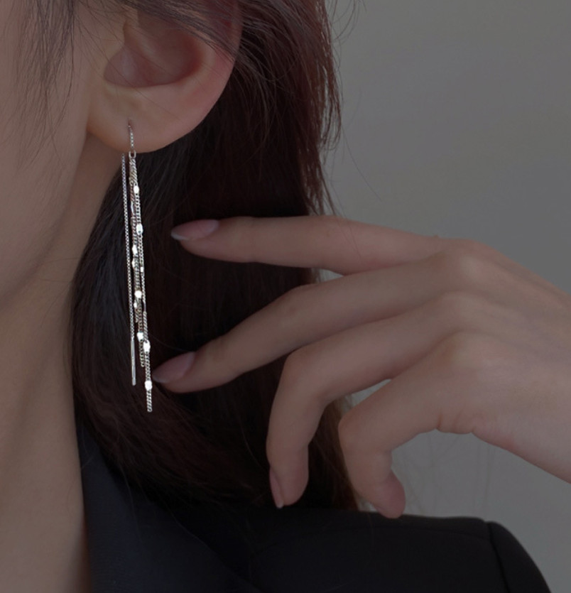 2Pcs 925 Silver Plated Threader Earrings Dainty Chain Tassel Drop Earrings TH1