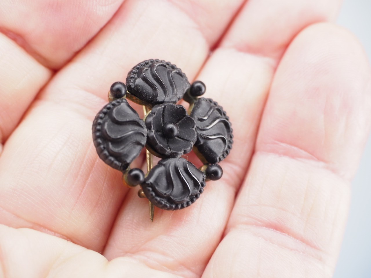 Antique jet Black Carved, Textured Glass Mourning Brooch Victorian Flower Pin