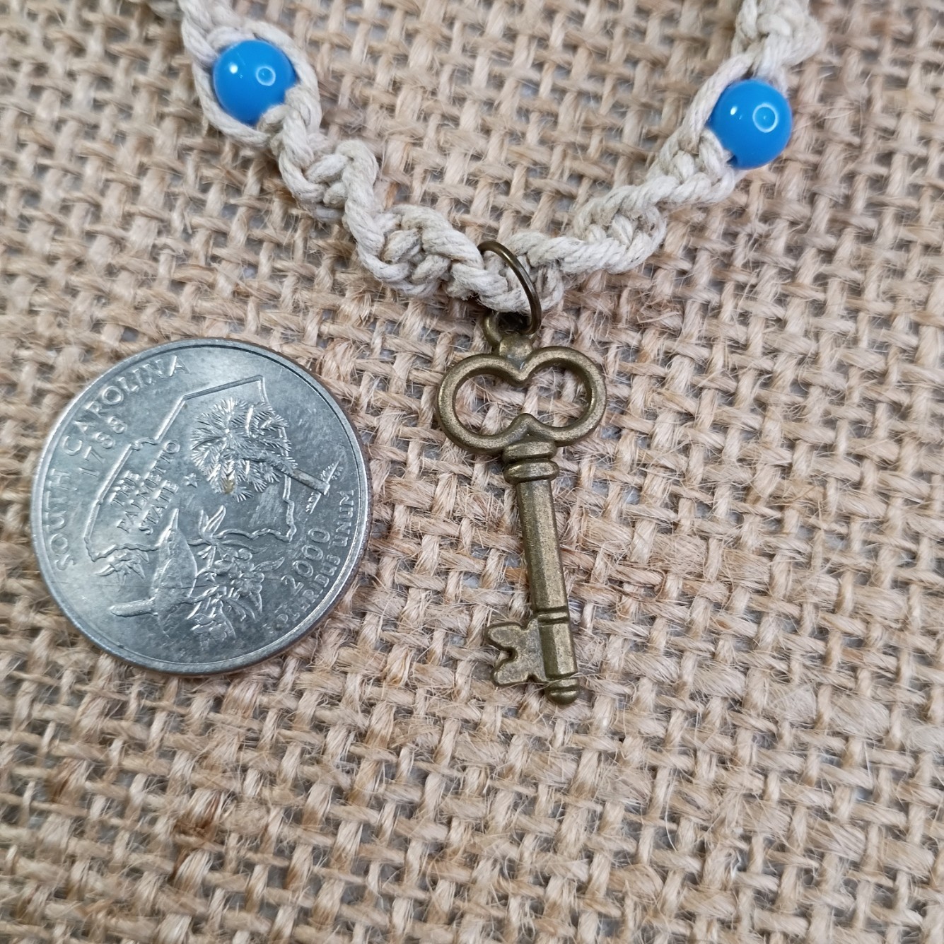 New Natural Hemp Necklace W/ Key Charm & Mixed Beads 16-20 in Macrame, Handmade