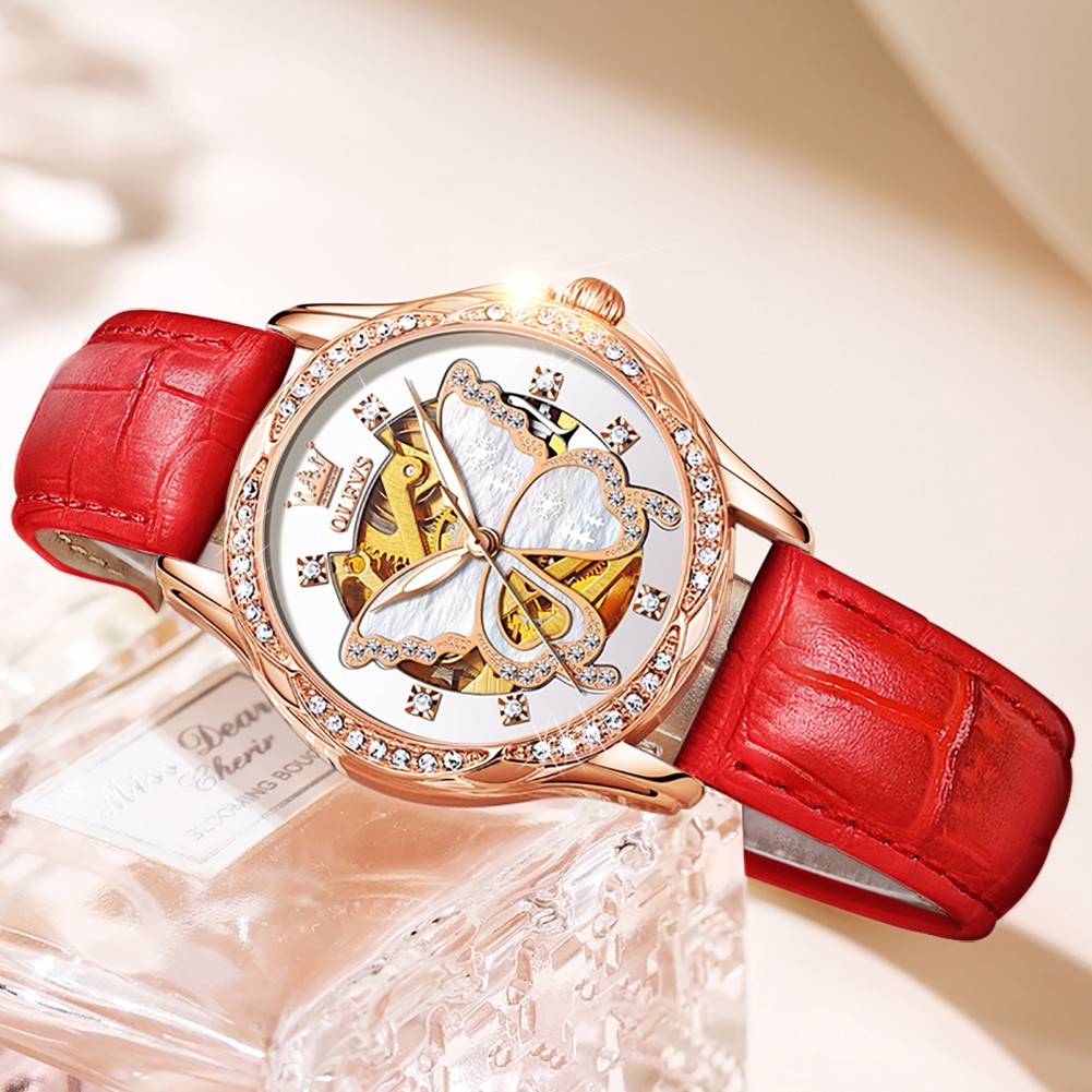 OLEVS 6622 Leather Ceramic Hollow Out Women Dress Mechanical Automatic Watch