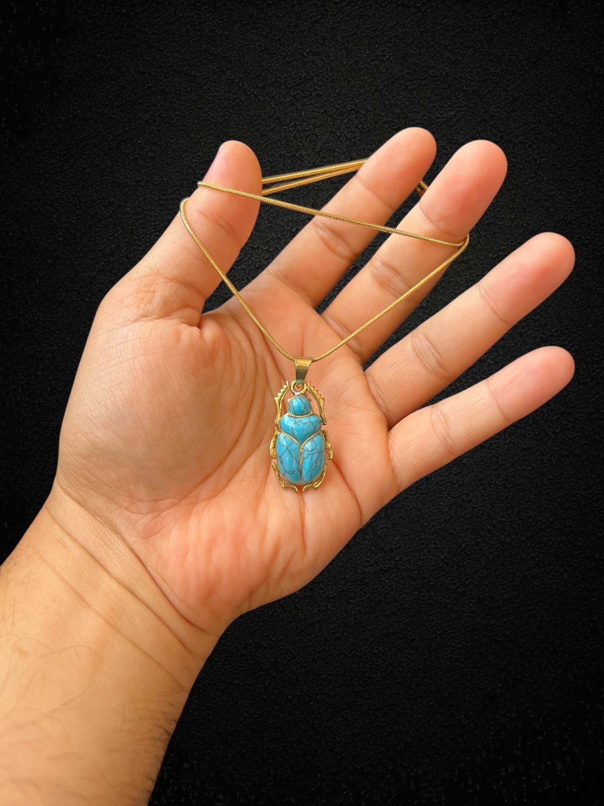 Turquoise Scarab Pendant Ancient Egyptian Amulet Necklace Gold Frame Beetle