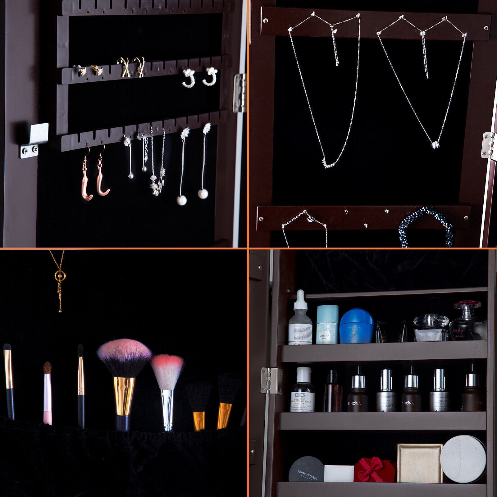 Standing Wooden Jewelry Cabinet Mirror Armoire Free Lockable Adjustable Angle
