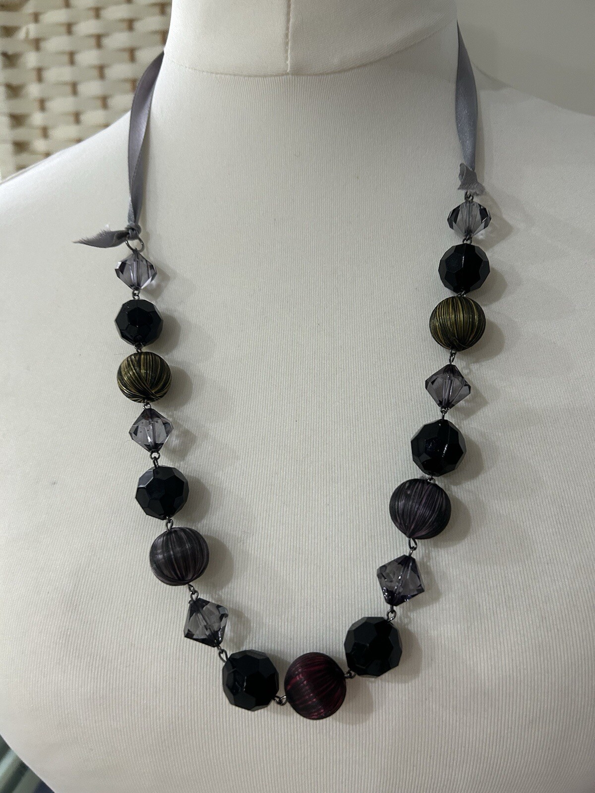 Boho Antique Designer Look Black & Multicolour Necklace Covered Bead Ribbon