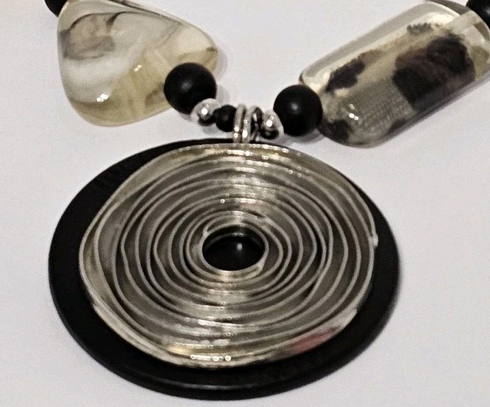 Chicos Chunky Statement Pendant Necklace Silver Spiral Wood Art Wear Stone Bead