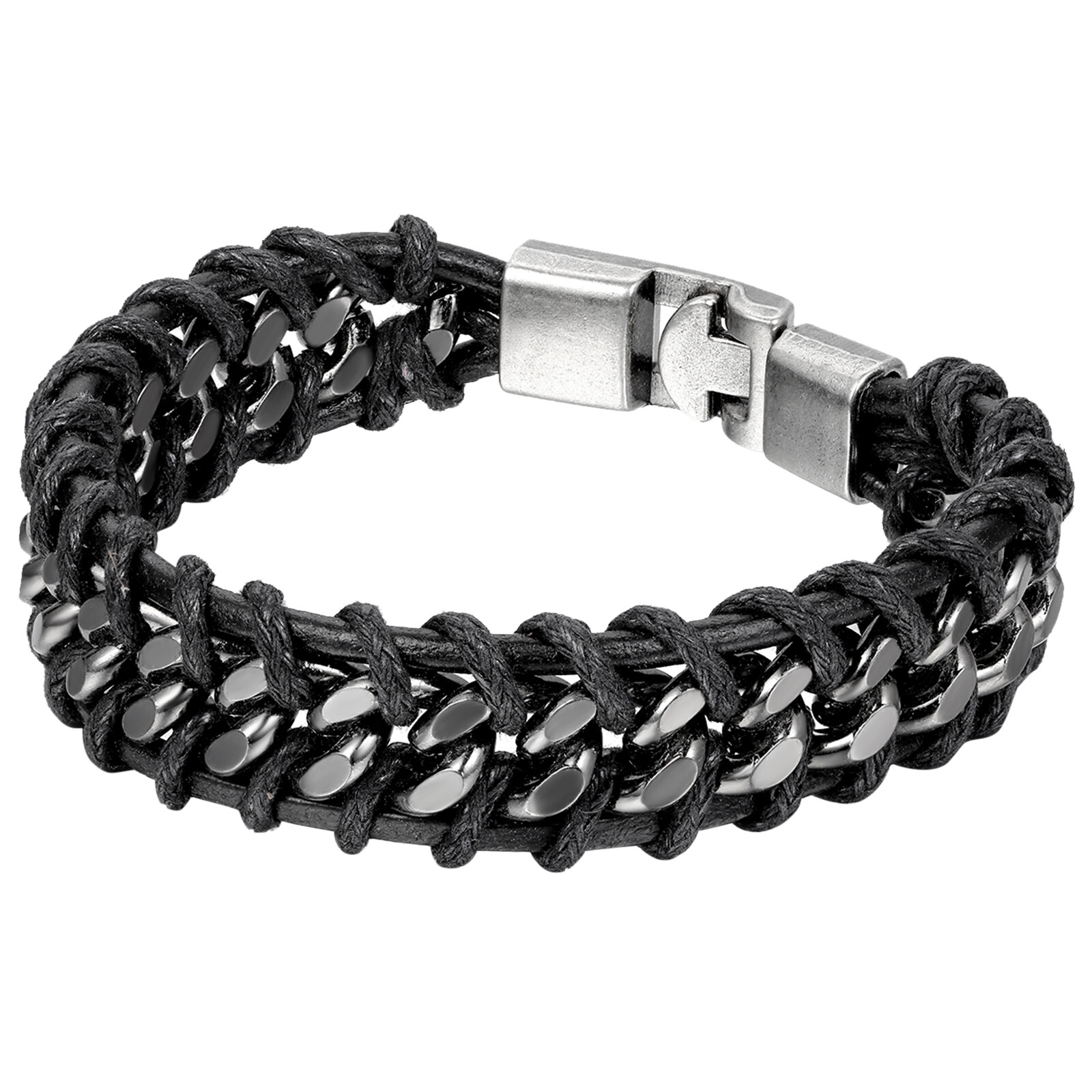 Black Braided Leather Silver Stainless Steel Cuban Chain Men’s Bracelet Bangle
