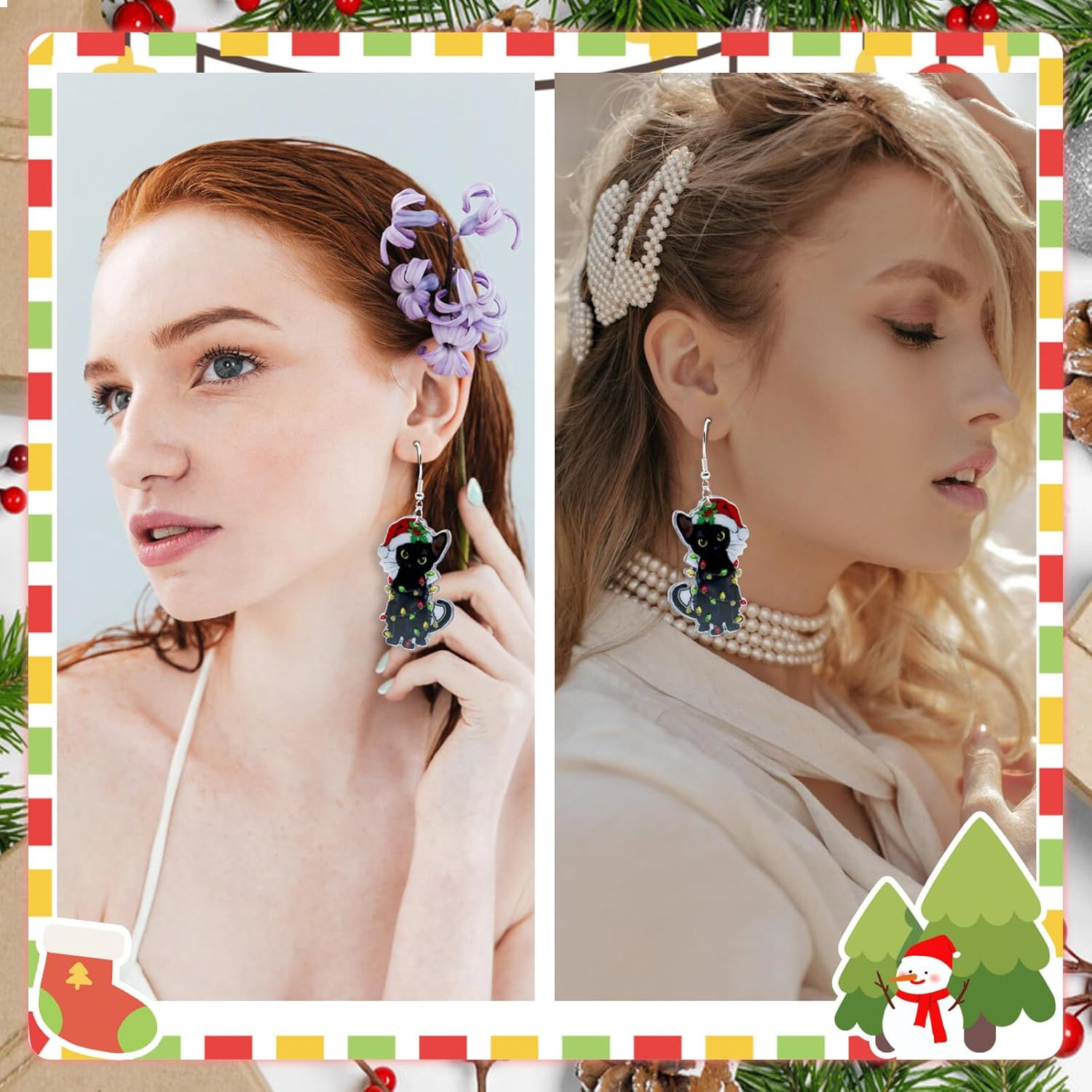 Pendientes Navidad Accesorios Mujer Colgantes Cascabel Gato Negro Calcetines