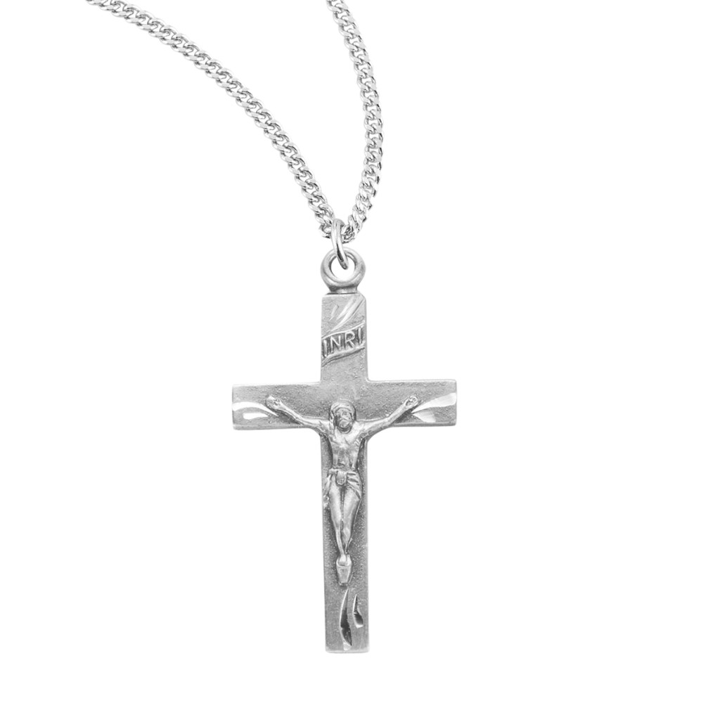 .925 Sterling Silver Basic Engraved Crucifix Medal Pendant Necklace, 18″ Chain