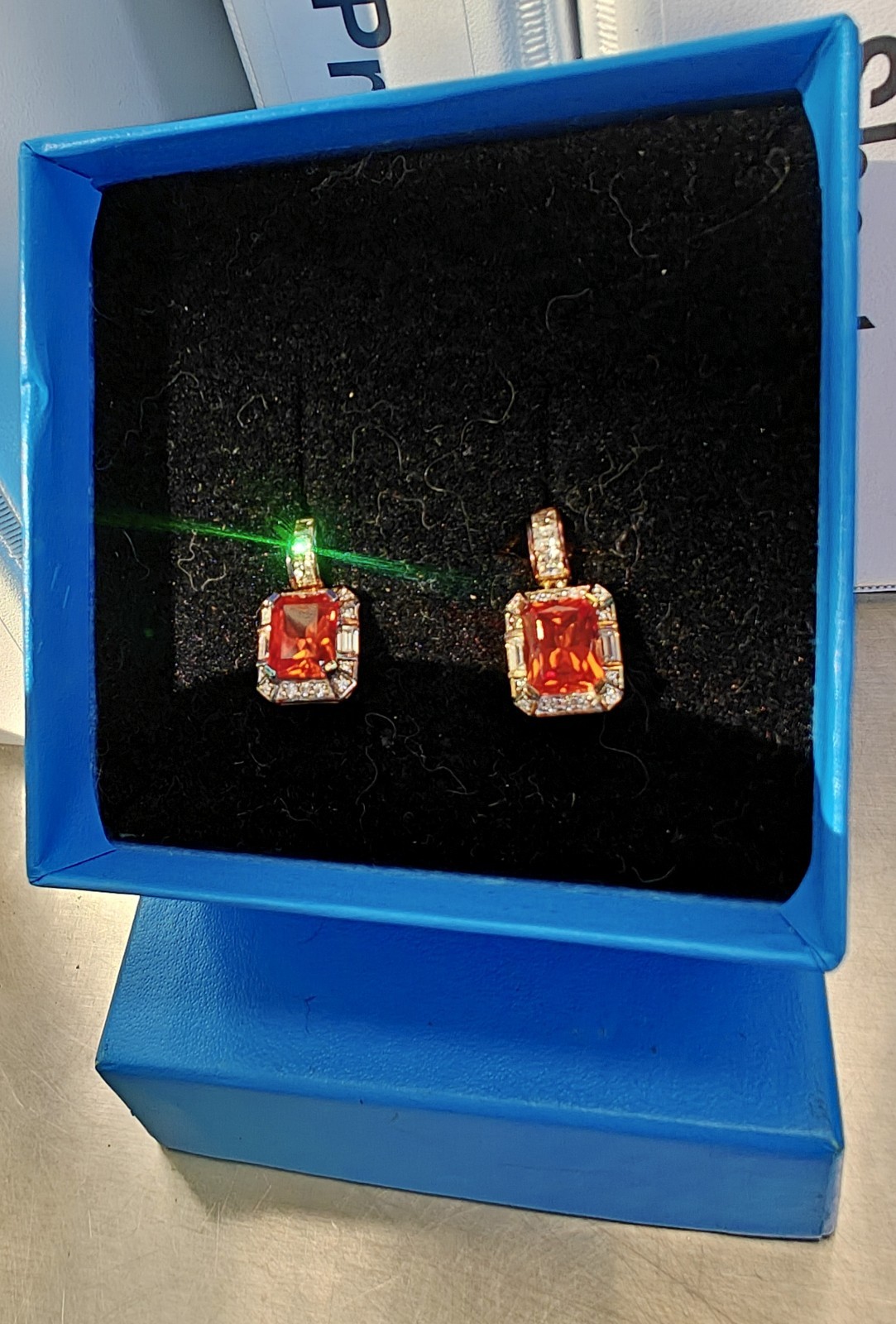 Victoria Wieck Padparadscha Sapphire Earrings rare & emerald-cut orange gemstone