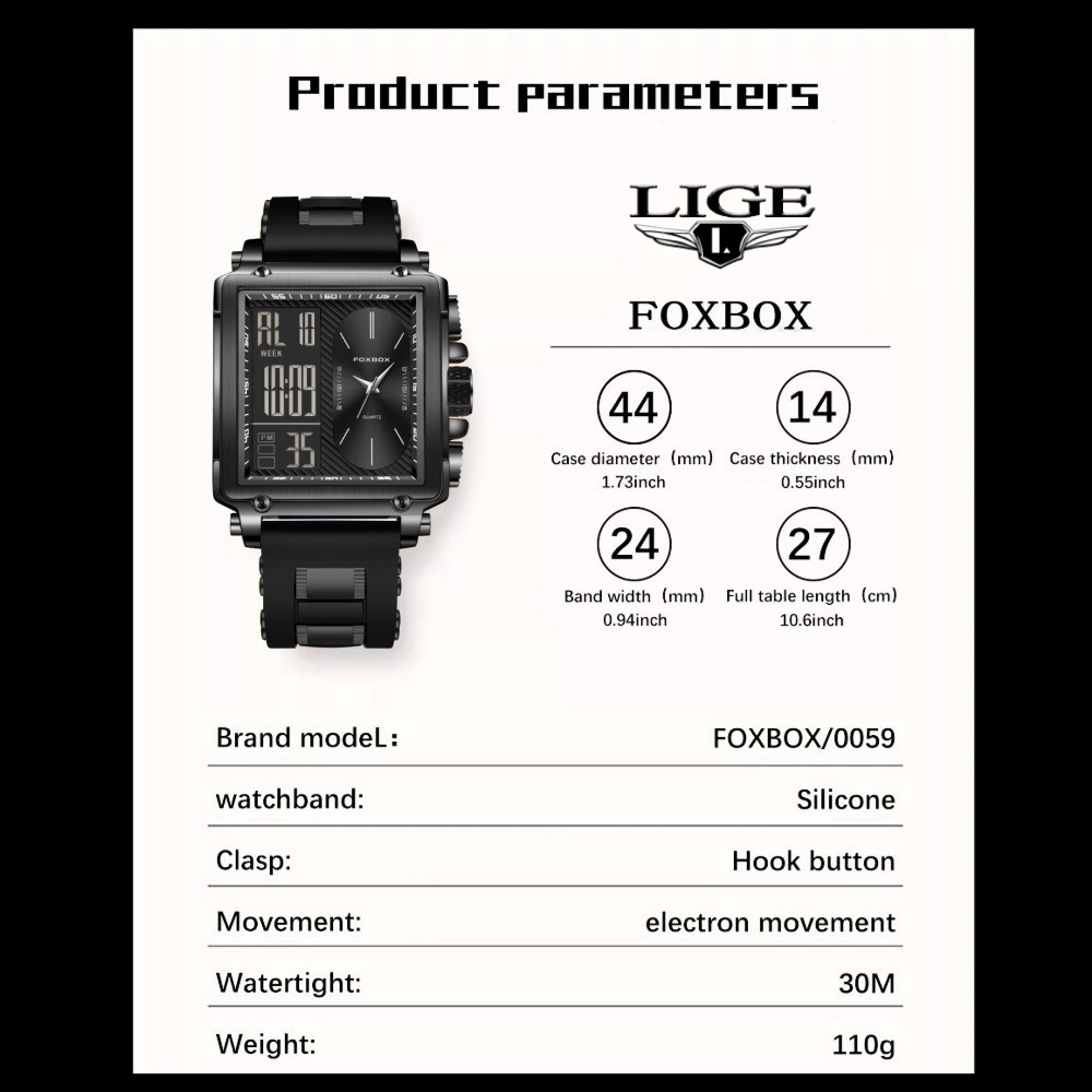 LIGE Sport Watch Men Military Square Big Dial Male Quartz Digital LED Wristwatch