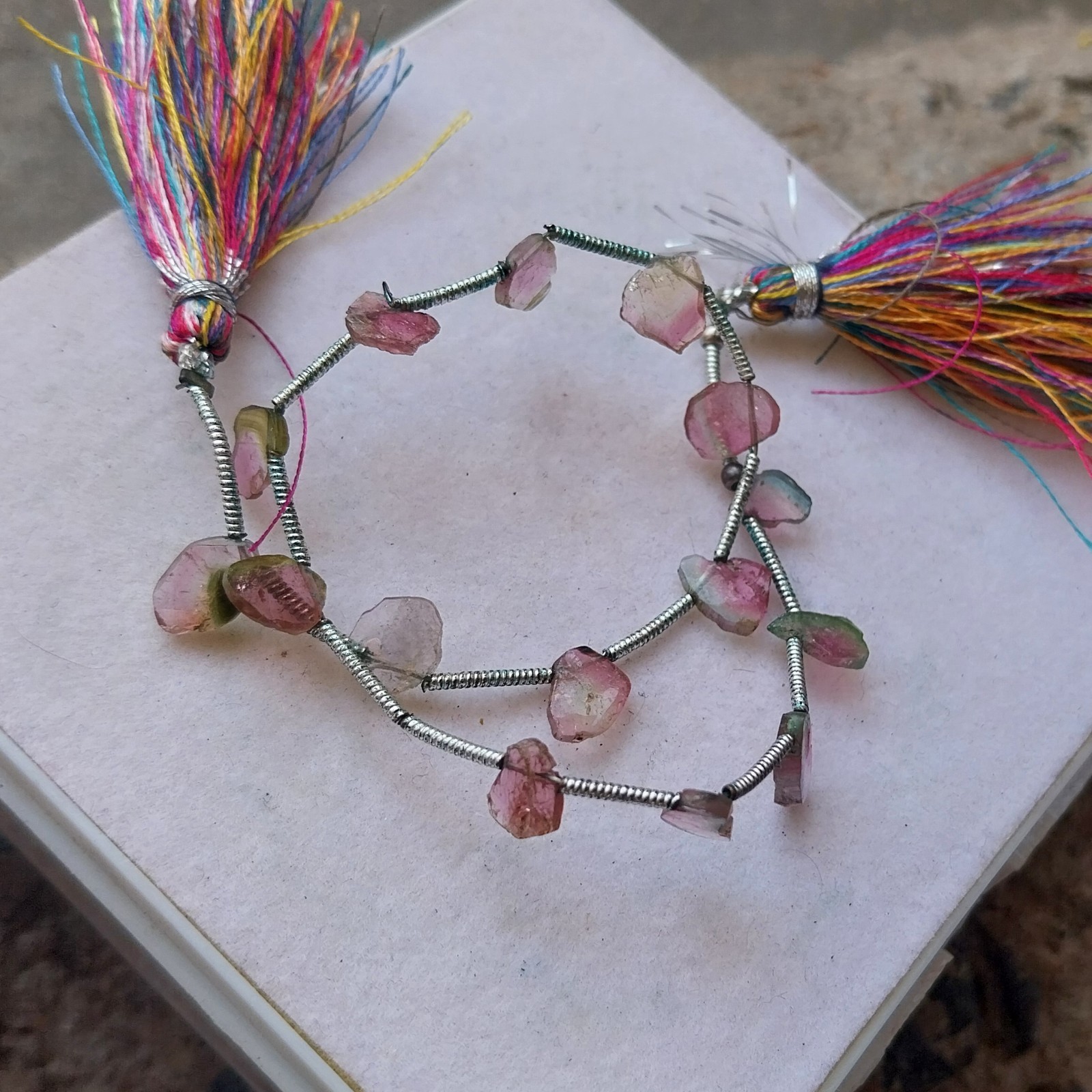 15 Carat Natural Watermelon Pink Bi-Color Tourmaline Slice 8 Inch Necklace